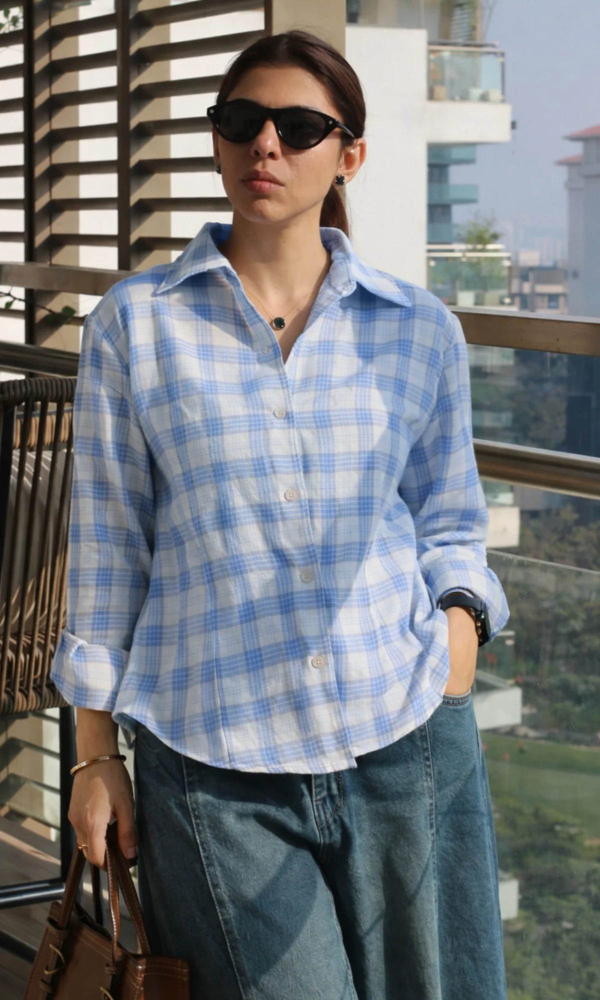Blue-Beige Checked Peplum Shirt - Image 2