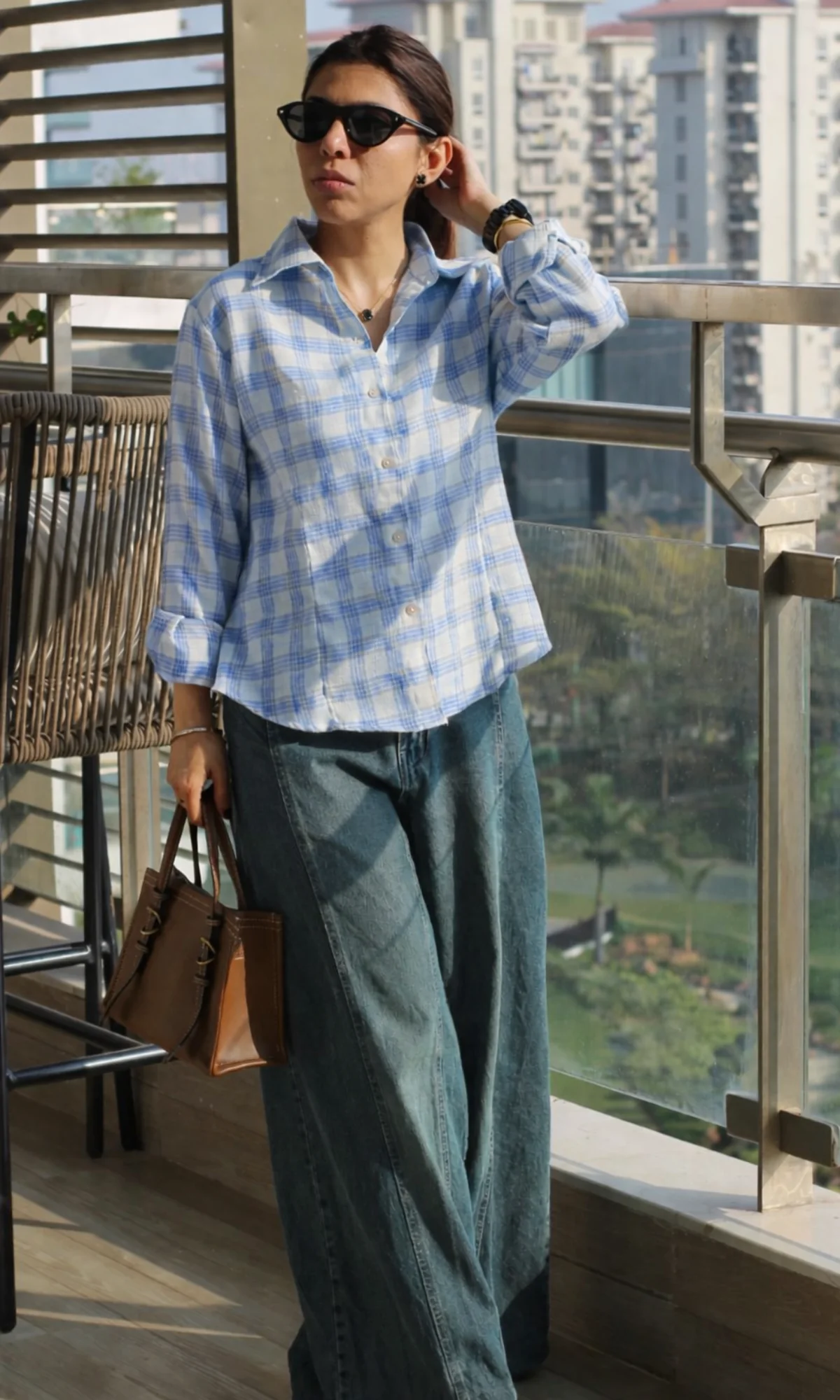 Blue-Beige Checked Peplum Shirt - Image 3