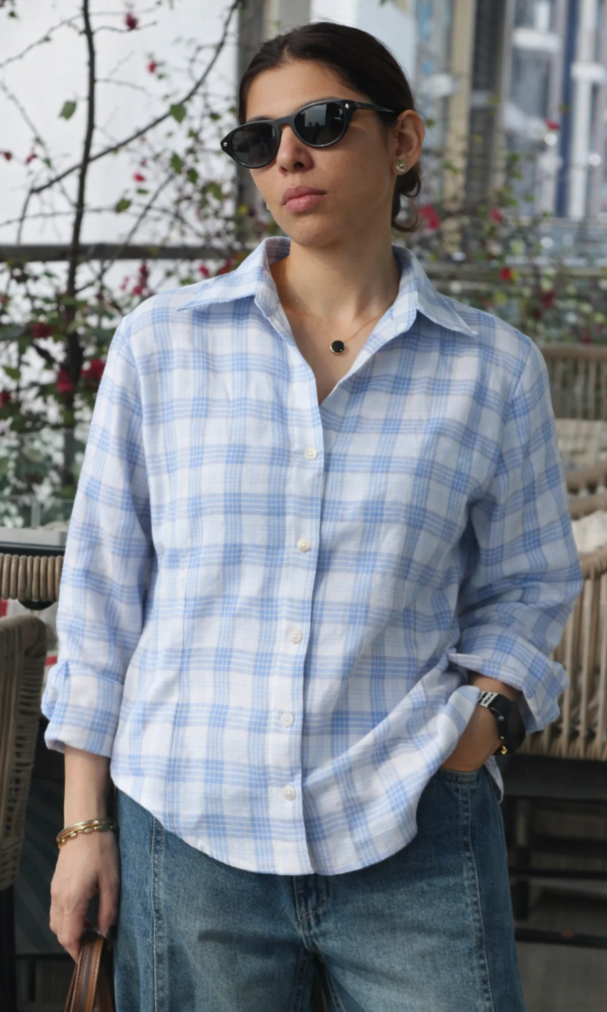 Blue-Beige Checked Peplum Shirt - Image 5