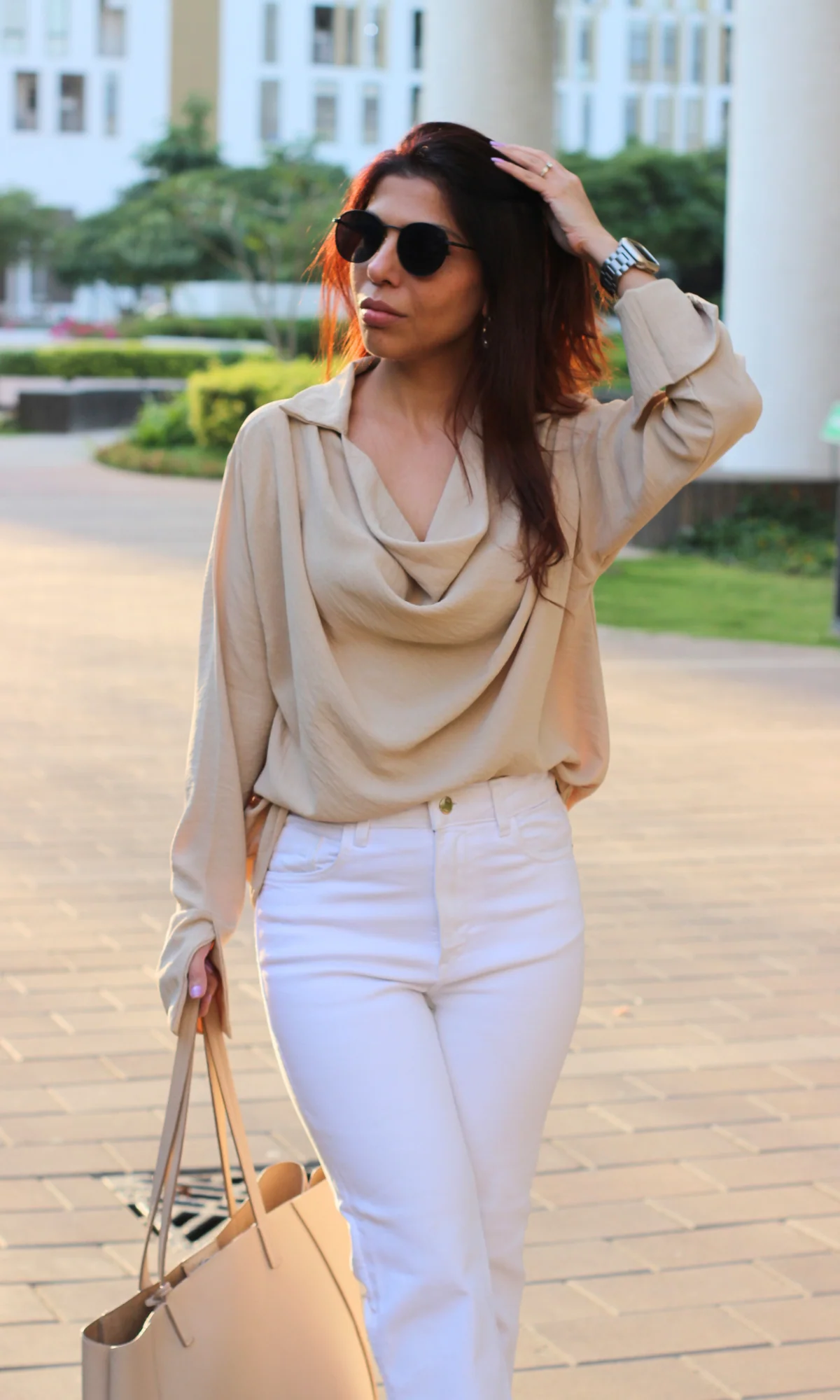 Beige Collared Cowl Neck Top