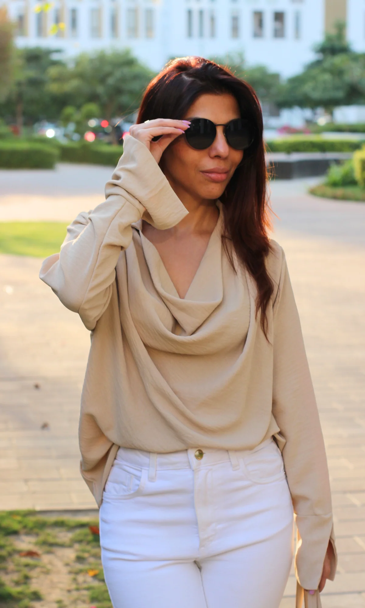Beige Collared Cowl Neck Top - Image 2
