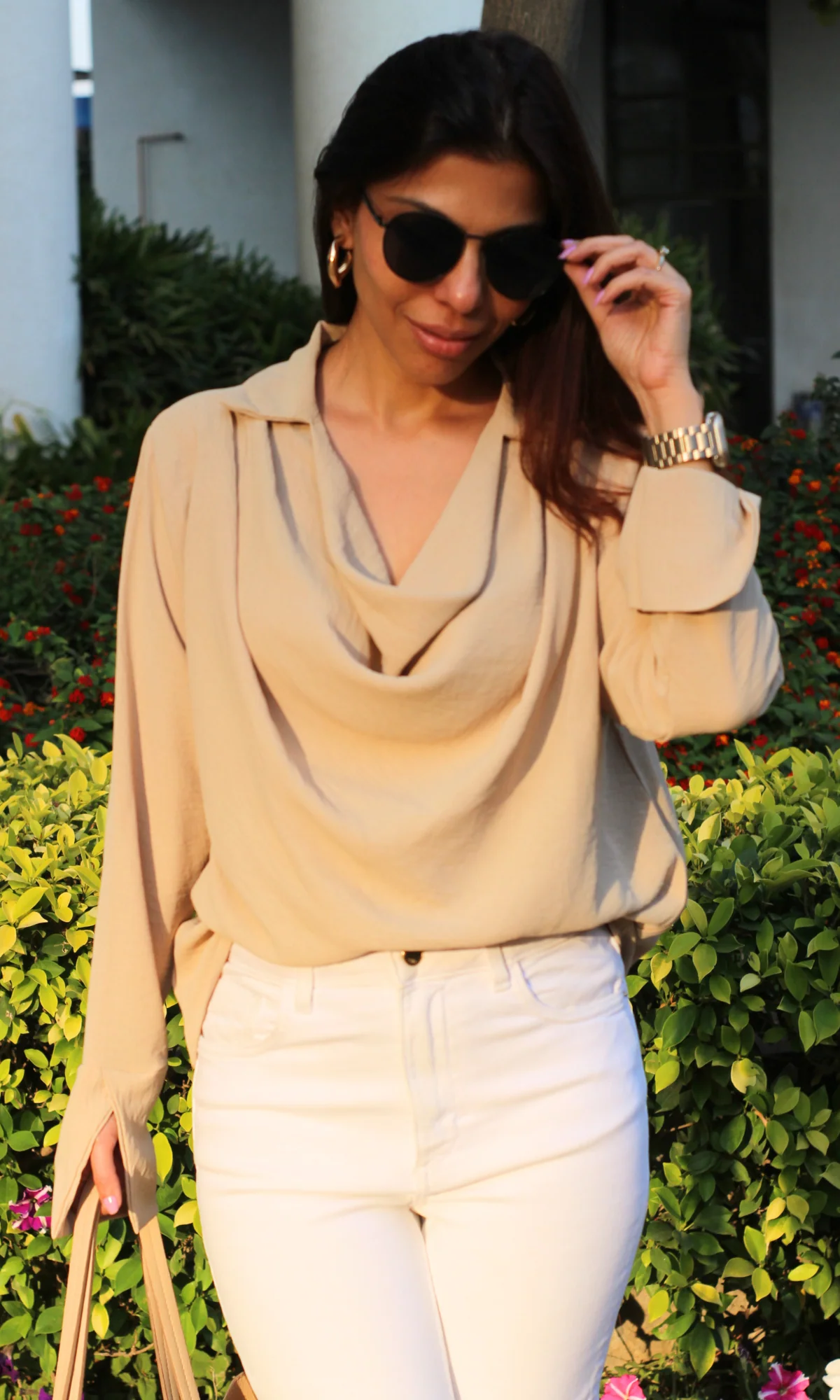 Beige Collared Cowl Neck Top - Image 4