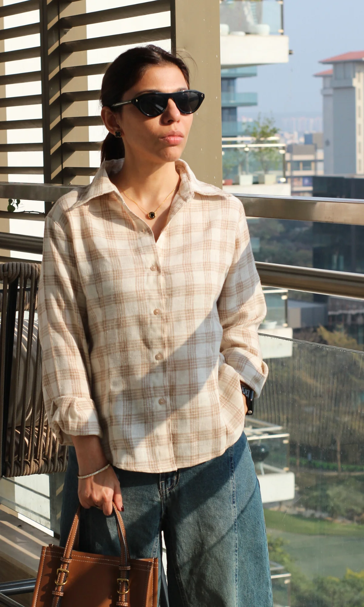 Beige-Cream Checked Peplum Shirt - Image 3