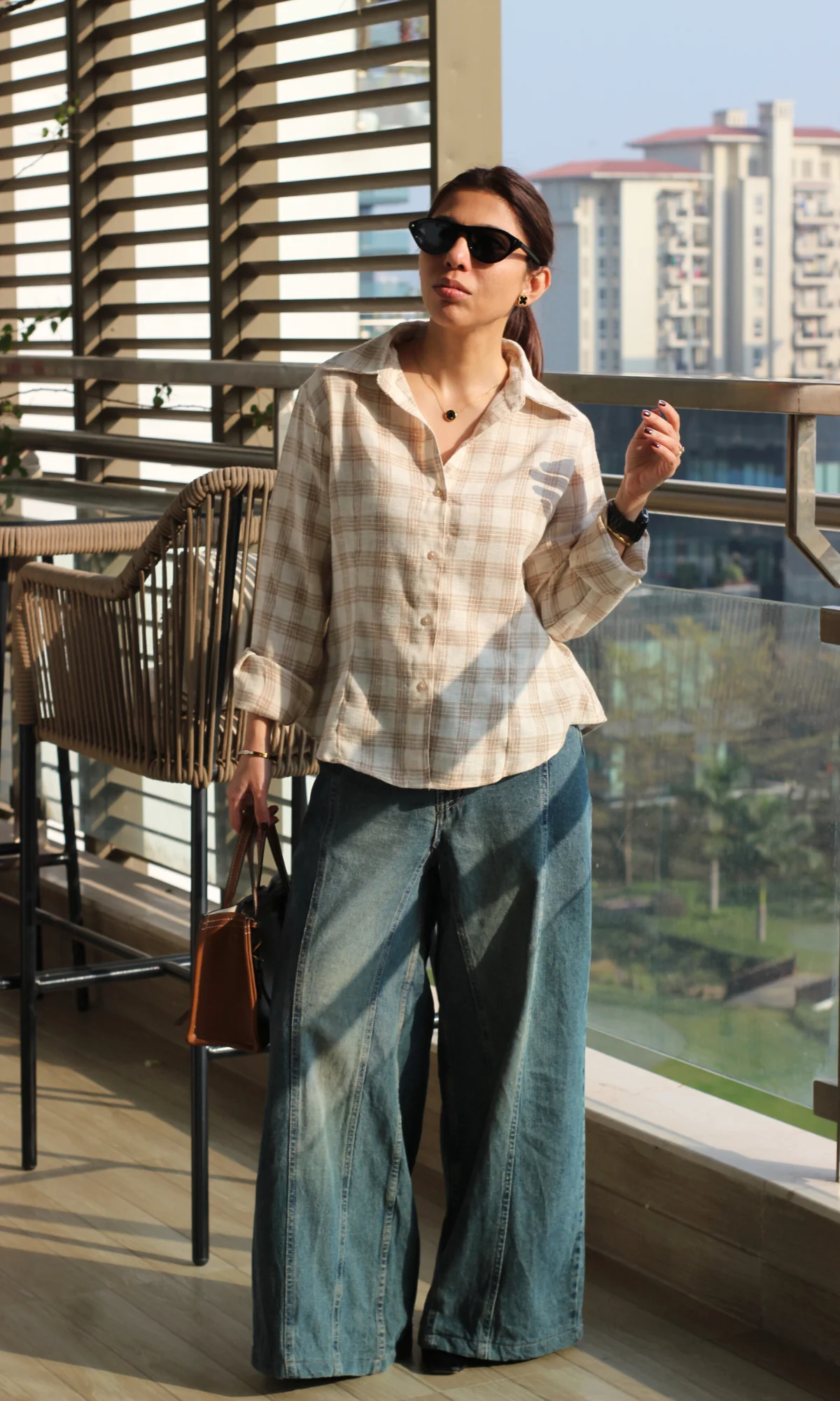 Beige-Cream Checked Peplum Shirt - Image 4
