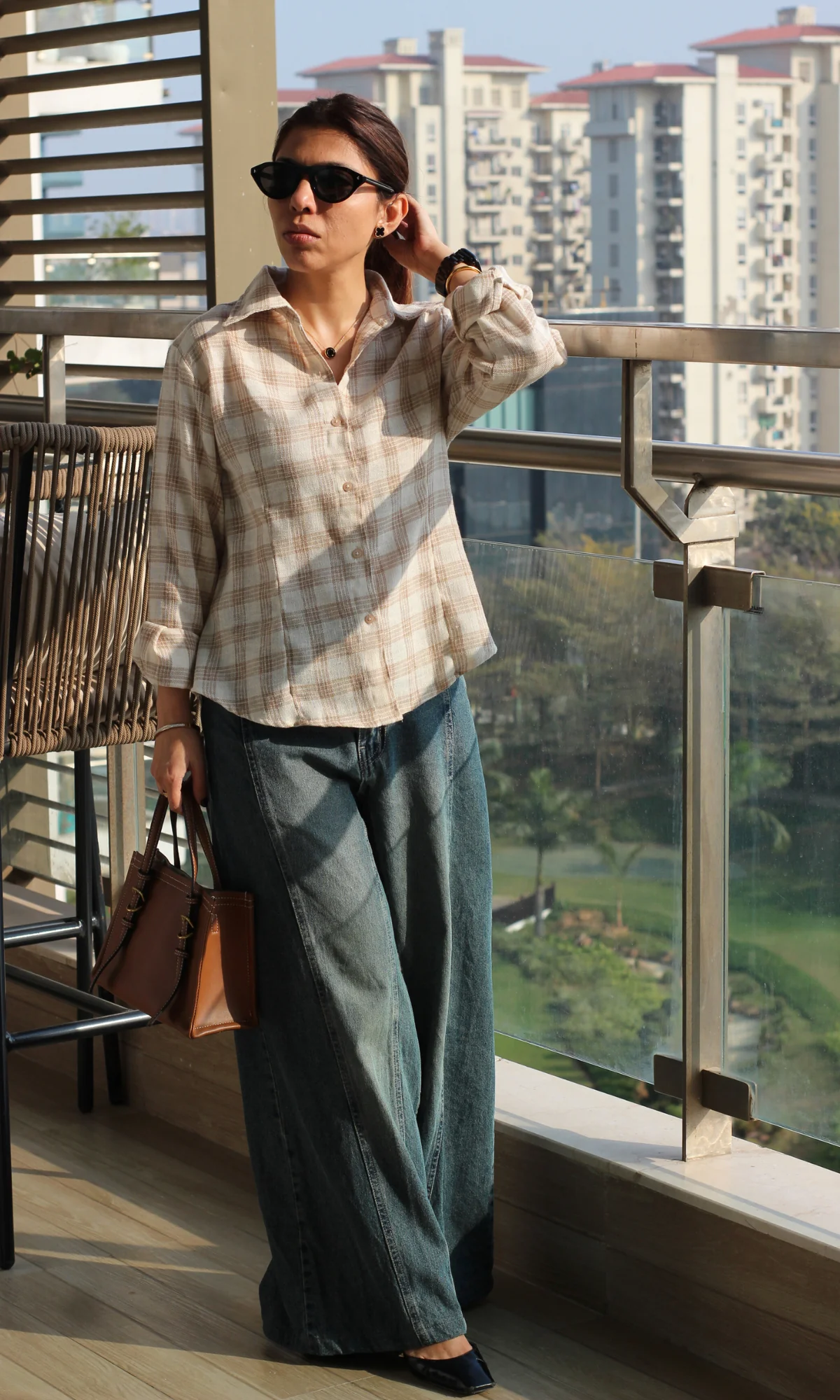 Beige-Cream Checked Peplum Shirt - Image 5