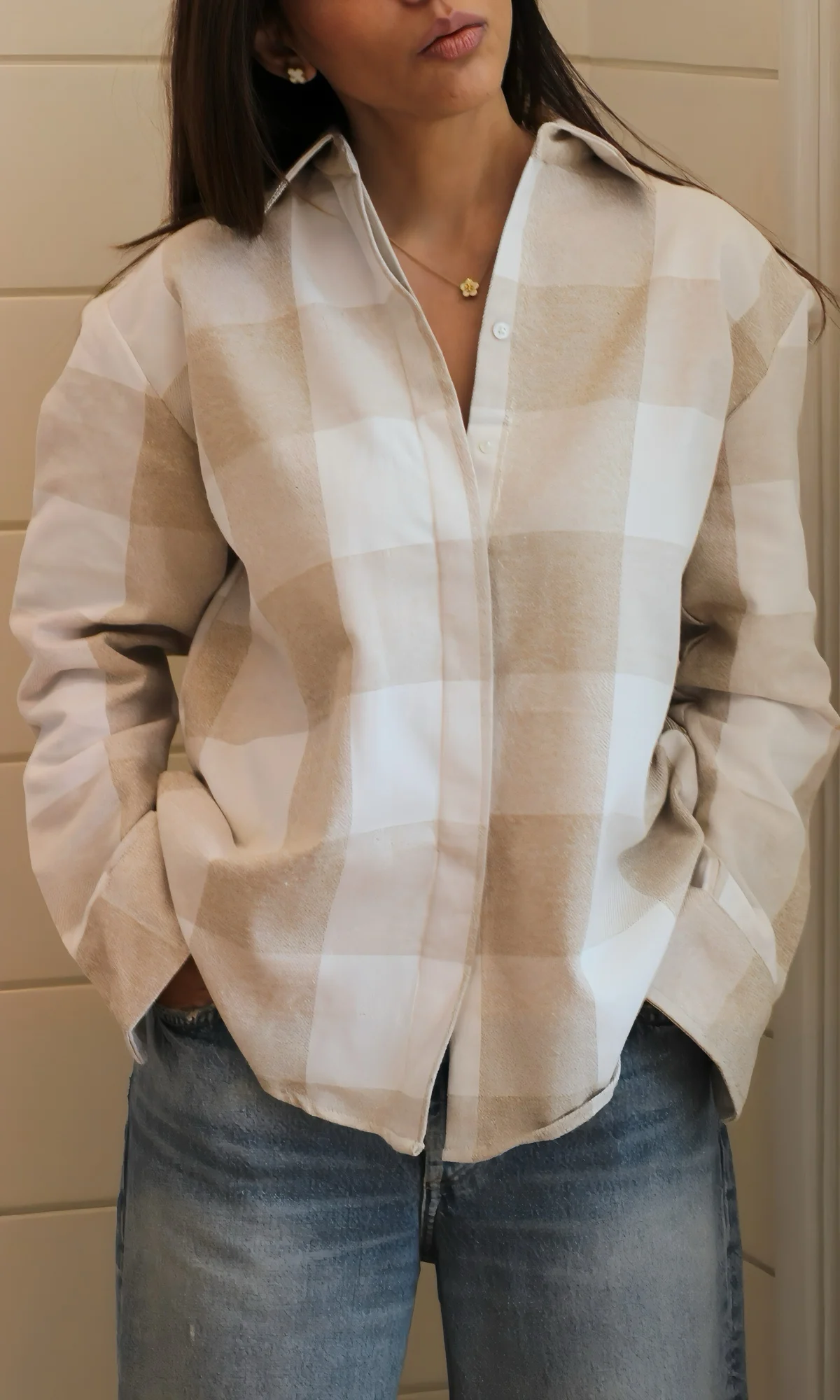 Beige Ivory Checked Shirt