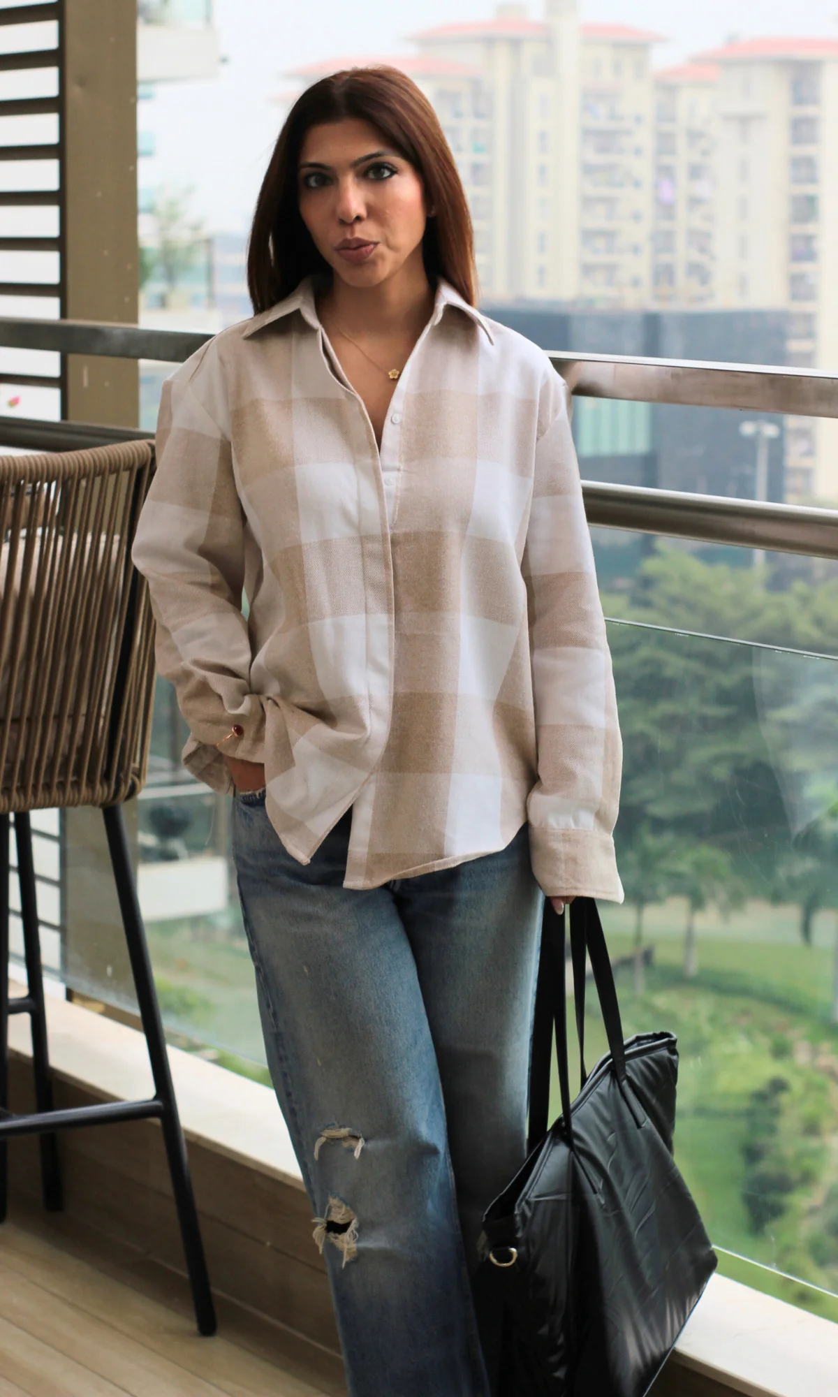 Beige Ivory Checked Shirt - Image 2