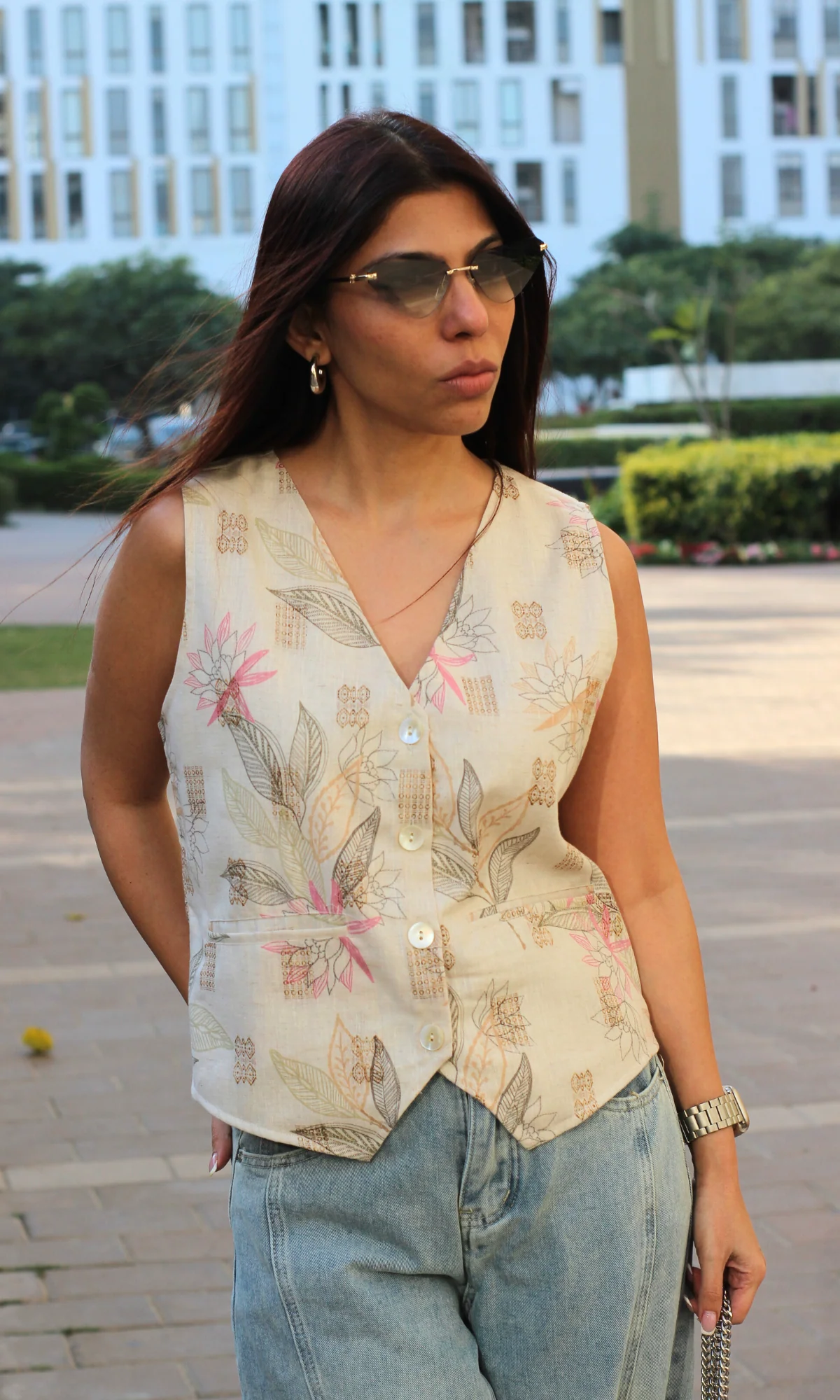 Beige Leaf Print Waist Coat - Image 3