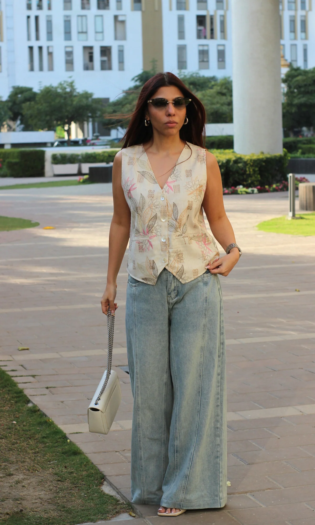 Beige Leaf Print Waist Coat - Image 4