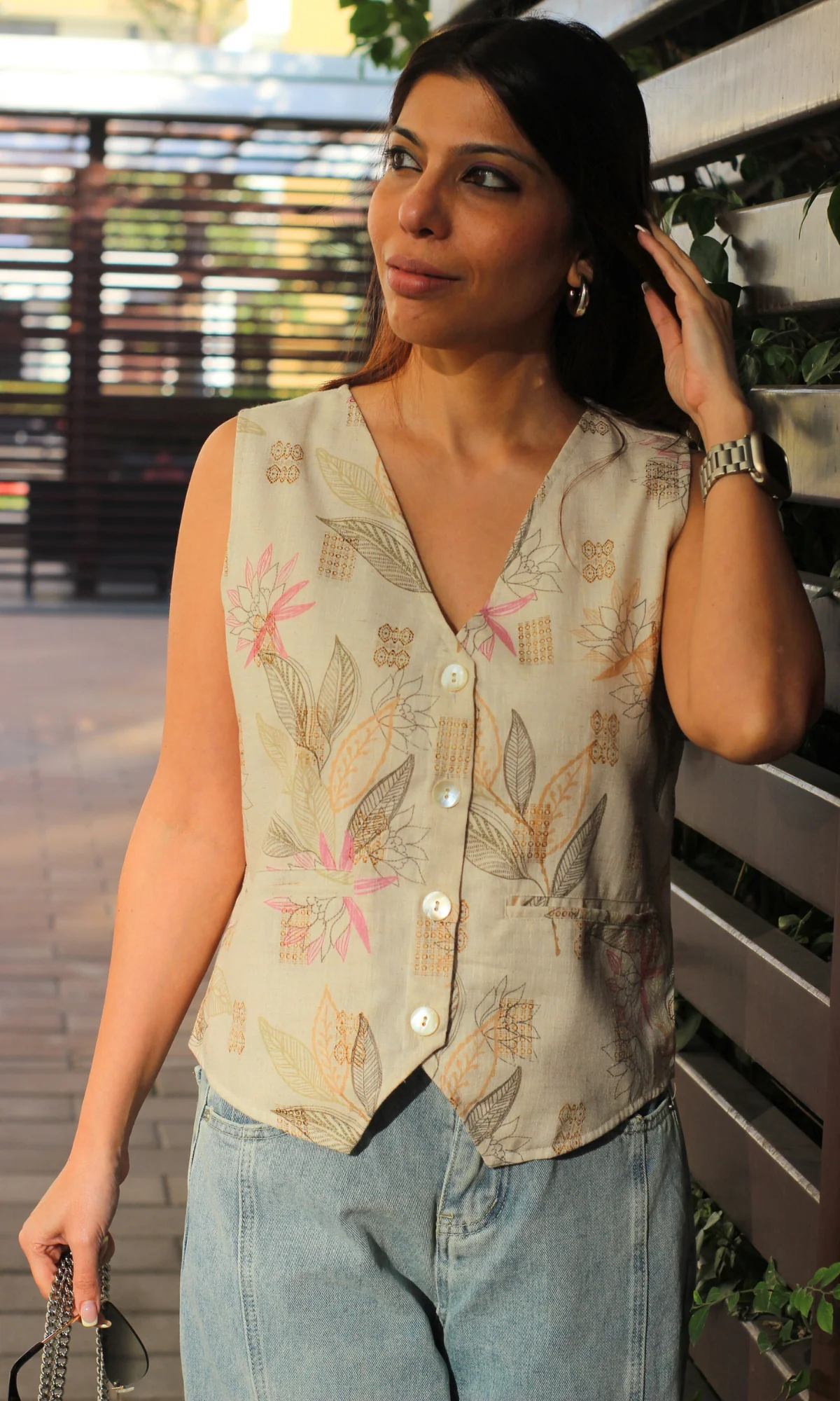 Beige Leaf Print Waist Coat - Image 5