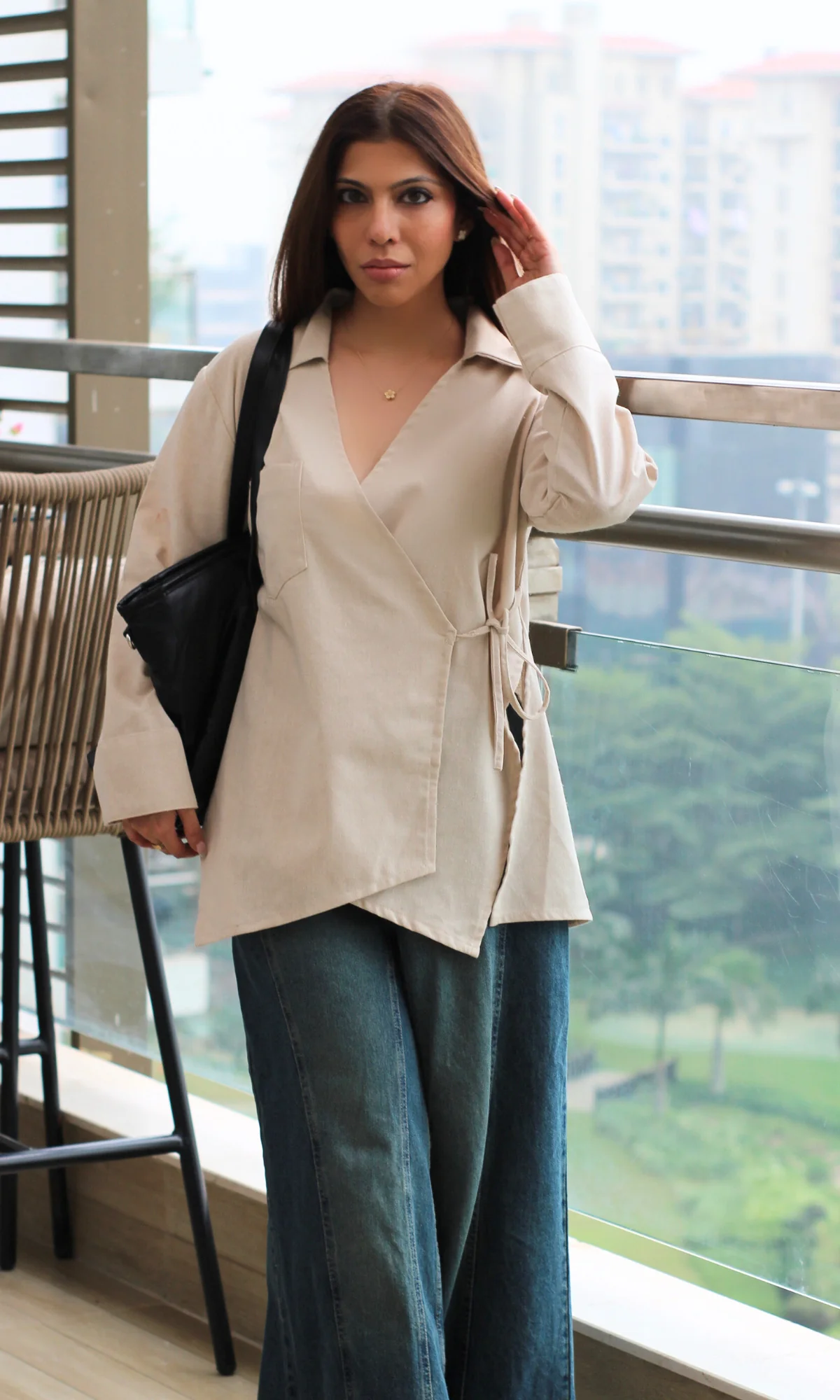 Beige Linen Cuts Detail Kimono Top