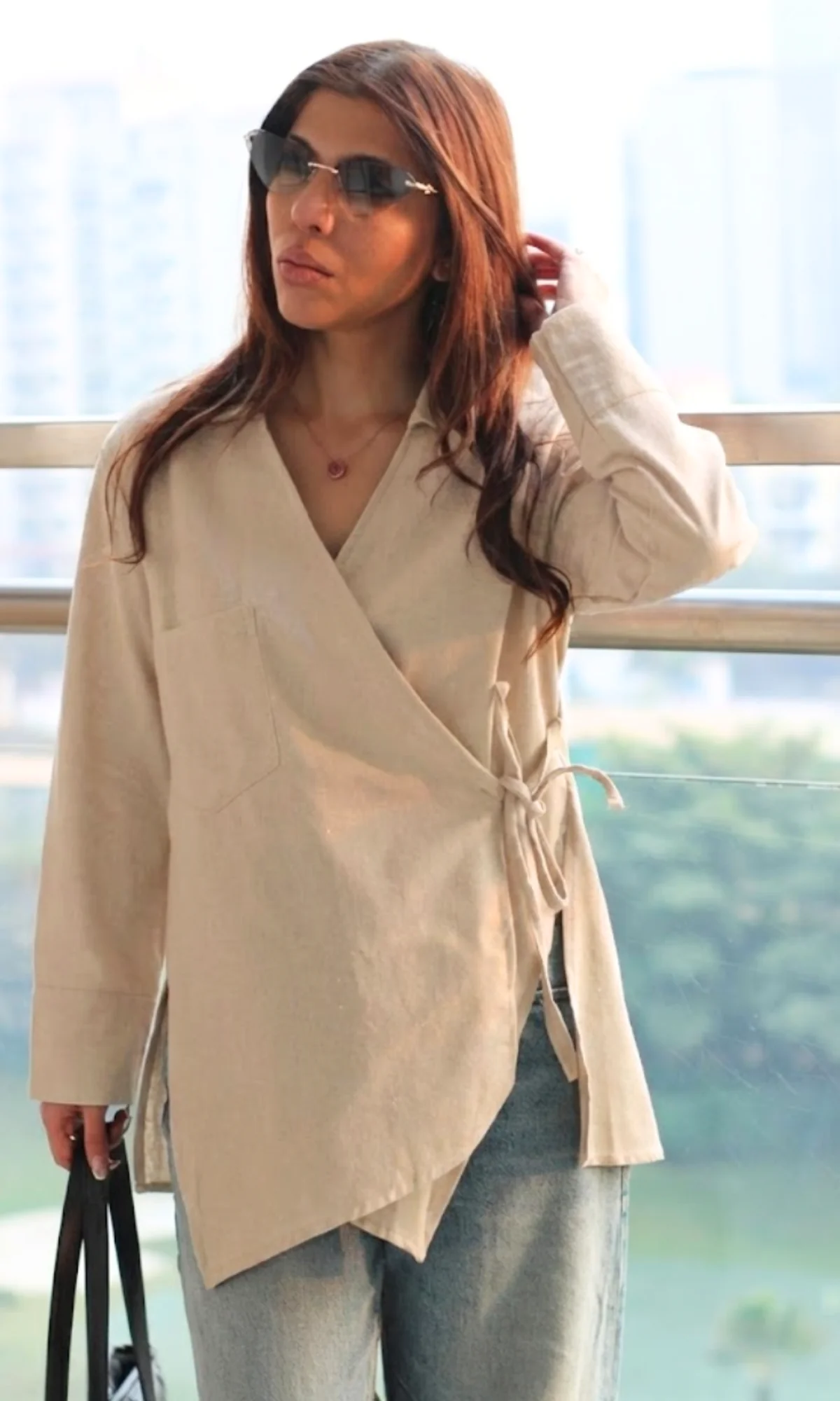 Beige Linen Cuts Detail Kimono Top - Image 2