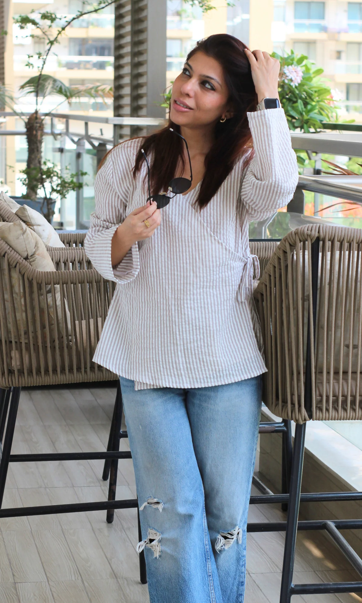 Beige Stripe Tie Detail Cotton Kimono Top - Image 3