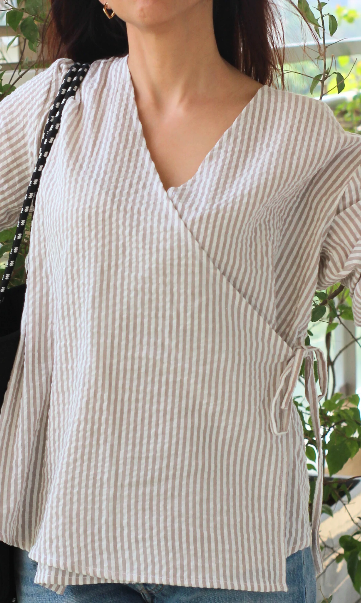 Beige Stripe Tie Detail Cotton Kimono Top - Image 5