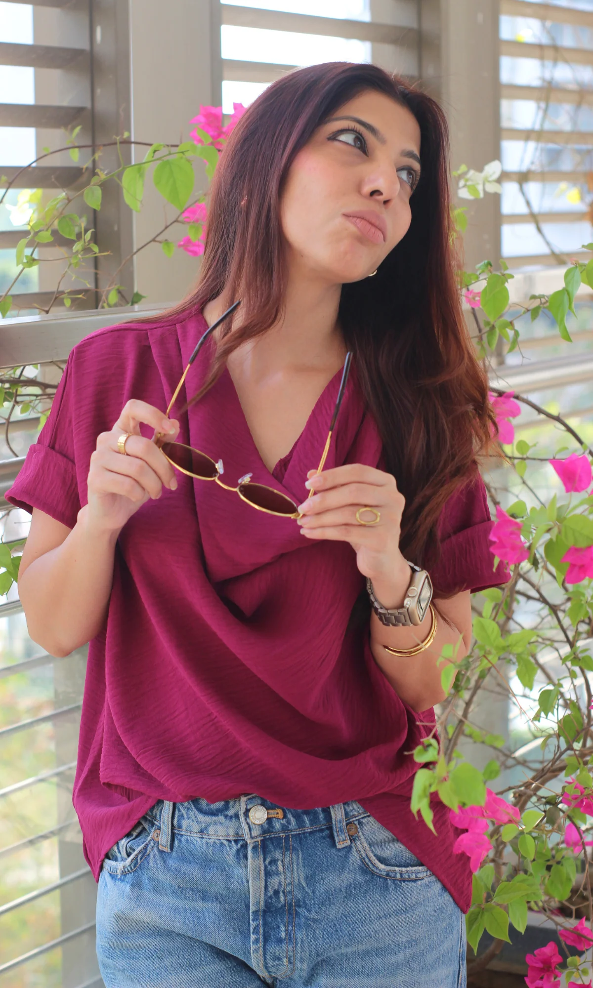 Berry Flowing Cowl Neck Top - Image 3