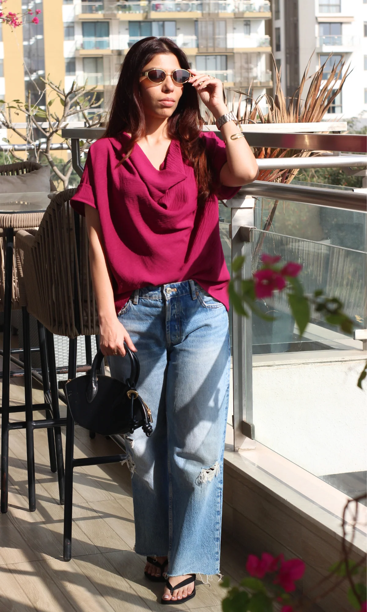 Berry Flowing Cowl Neck Top - Image 4