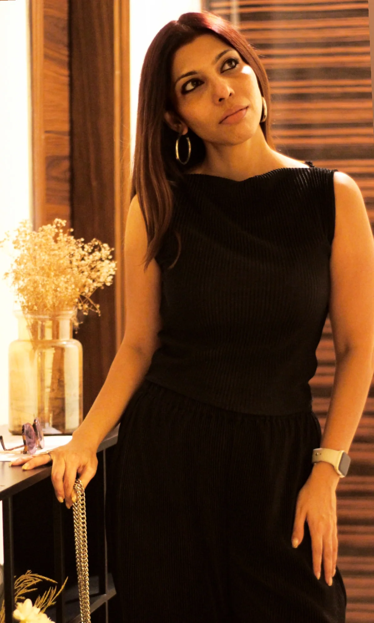 Black Abstract Neck Top with Flared Pants - Image 6