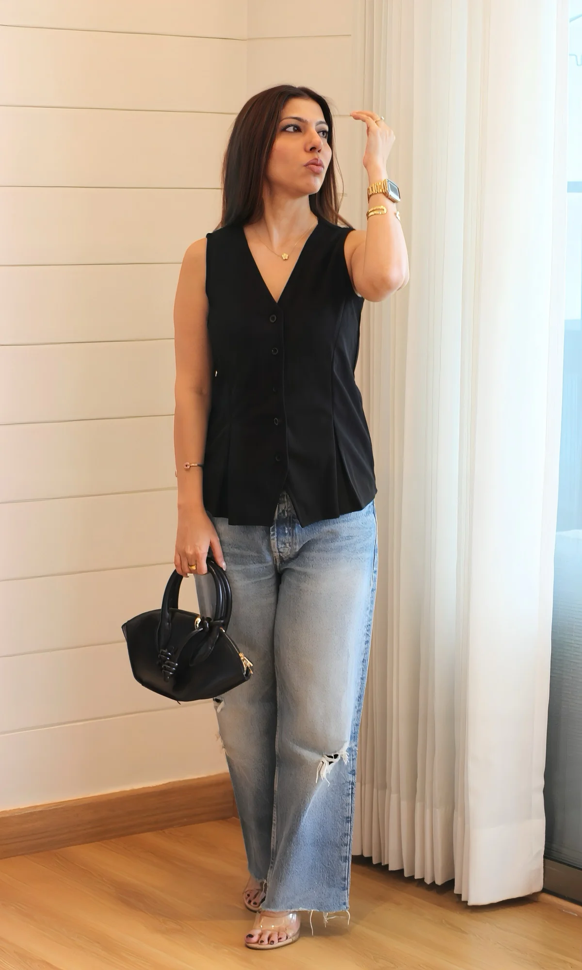 Black Buttoned Detail Waist Coat - Image 4