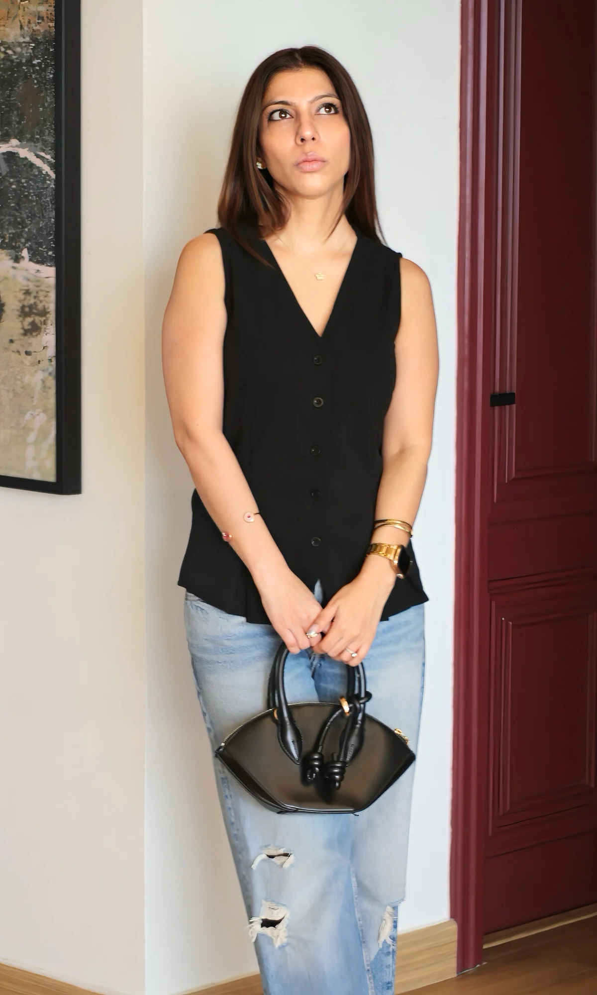 Black Buttoned Detail Waist Coat - Image 5
