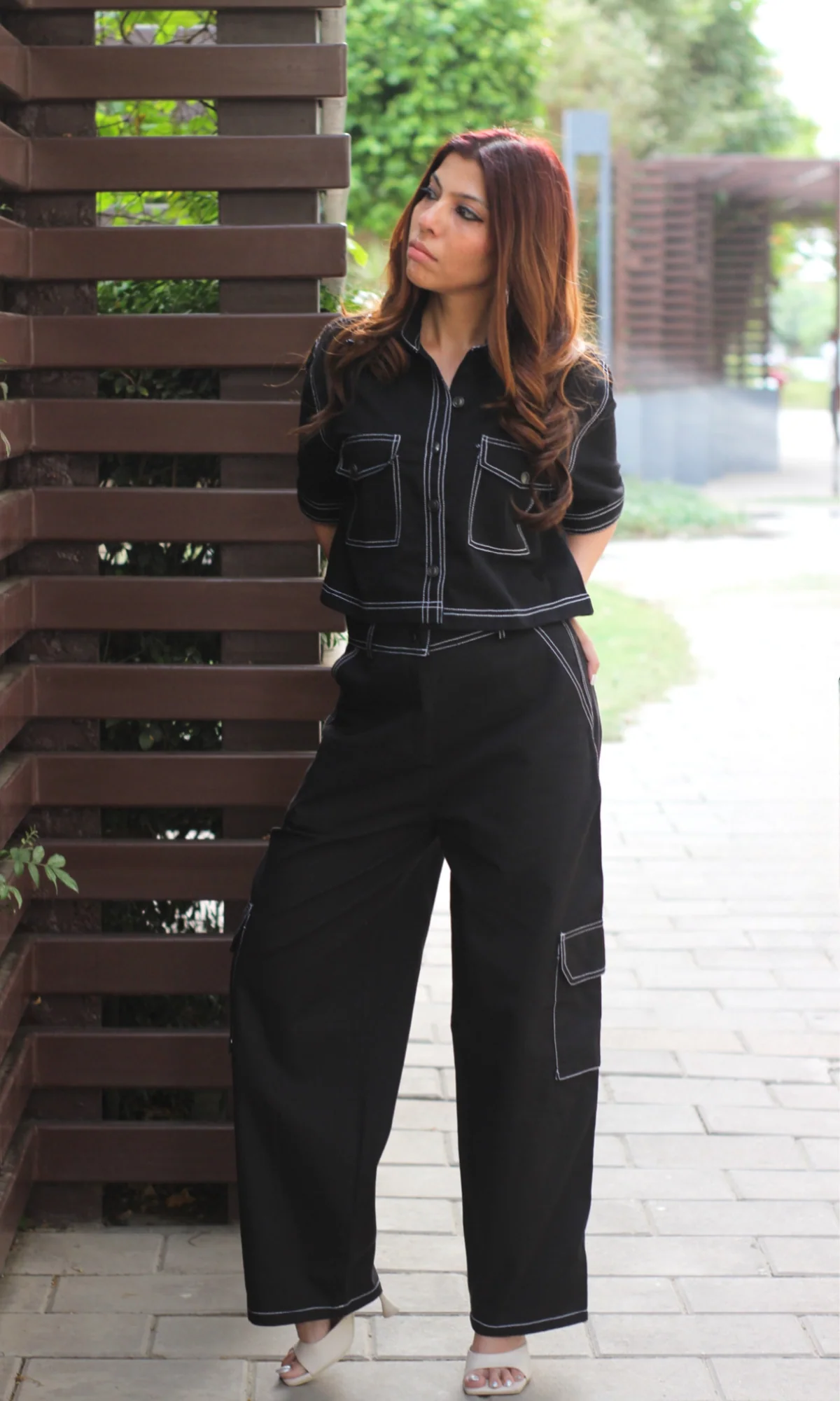 Black Cropped Shirt with Cargo Pants - Image 3