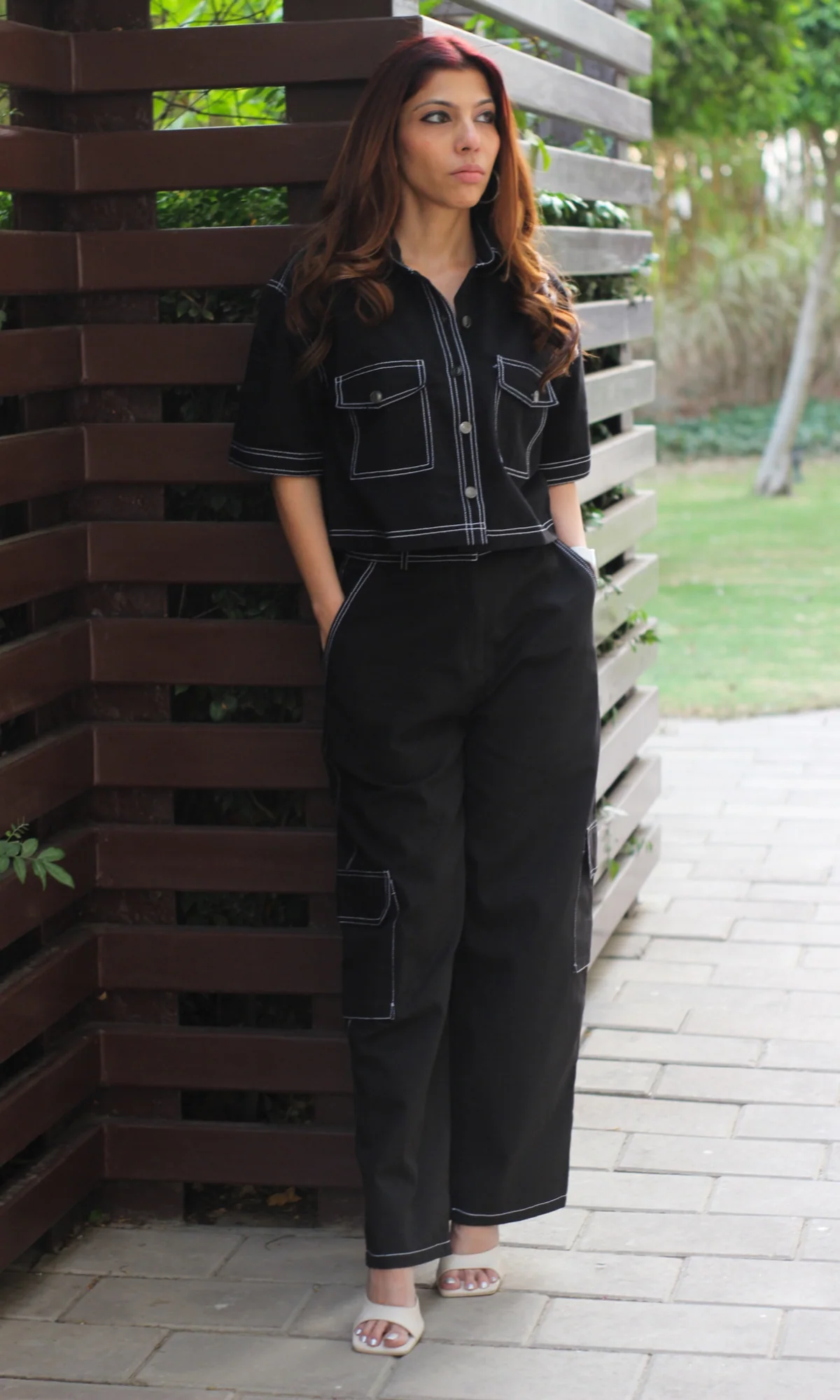 Black Cropped Shirt with Cargo Pants - Image 4