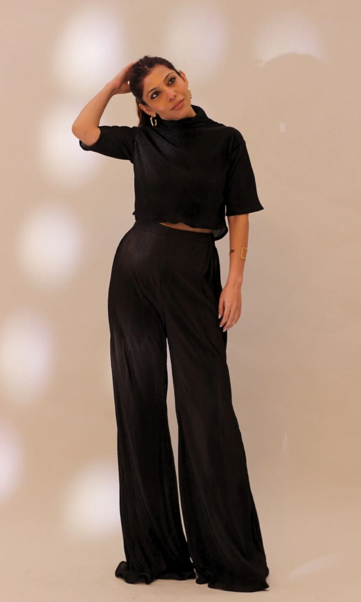Black High Neck Top with Flared Pants - Image 2
