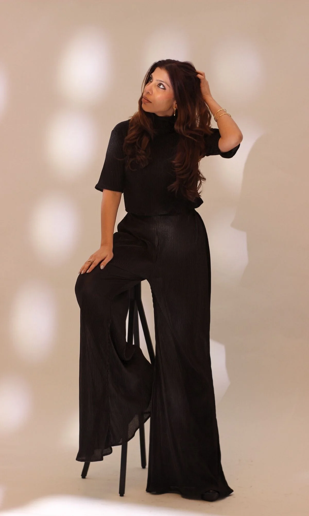 Black High Neck Top with Flared Pants - Image 4