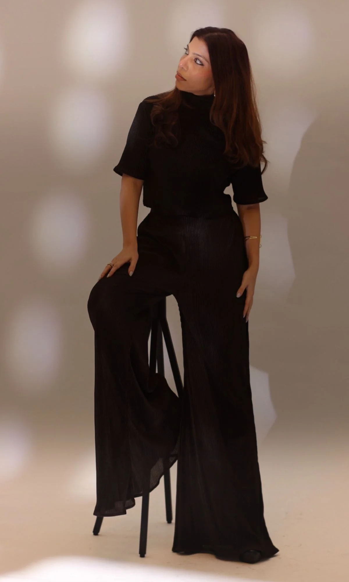 Black High Neck Top with Flared Pants - Image 6