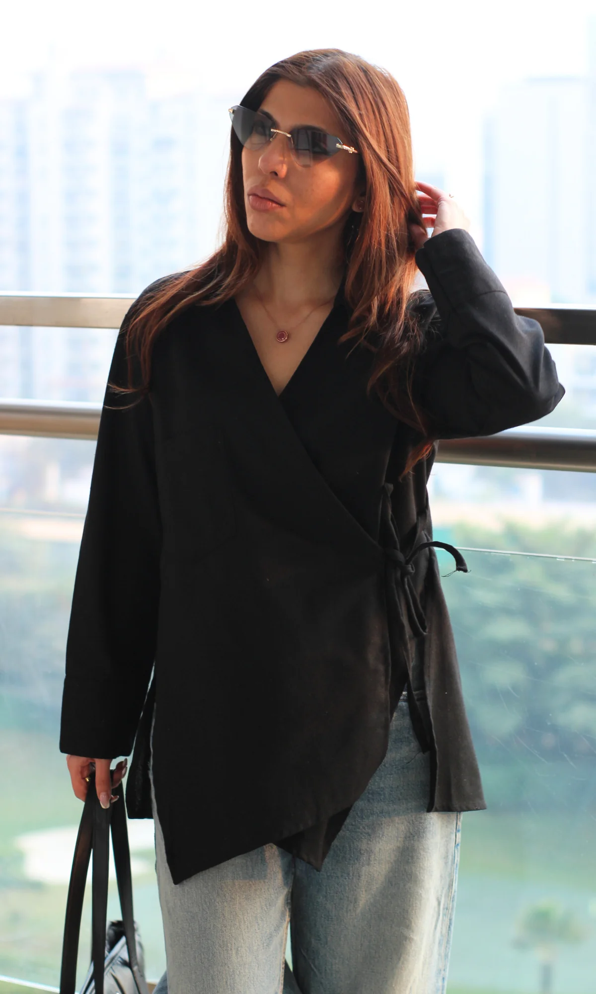 Black Linen Cuts Detail Kimono Top