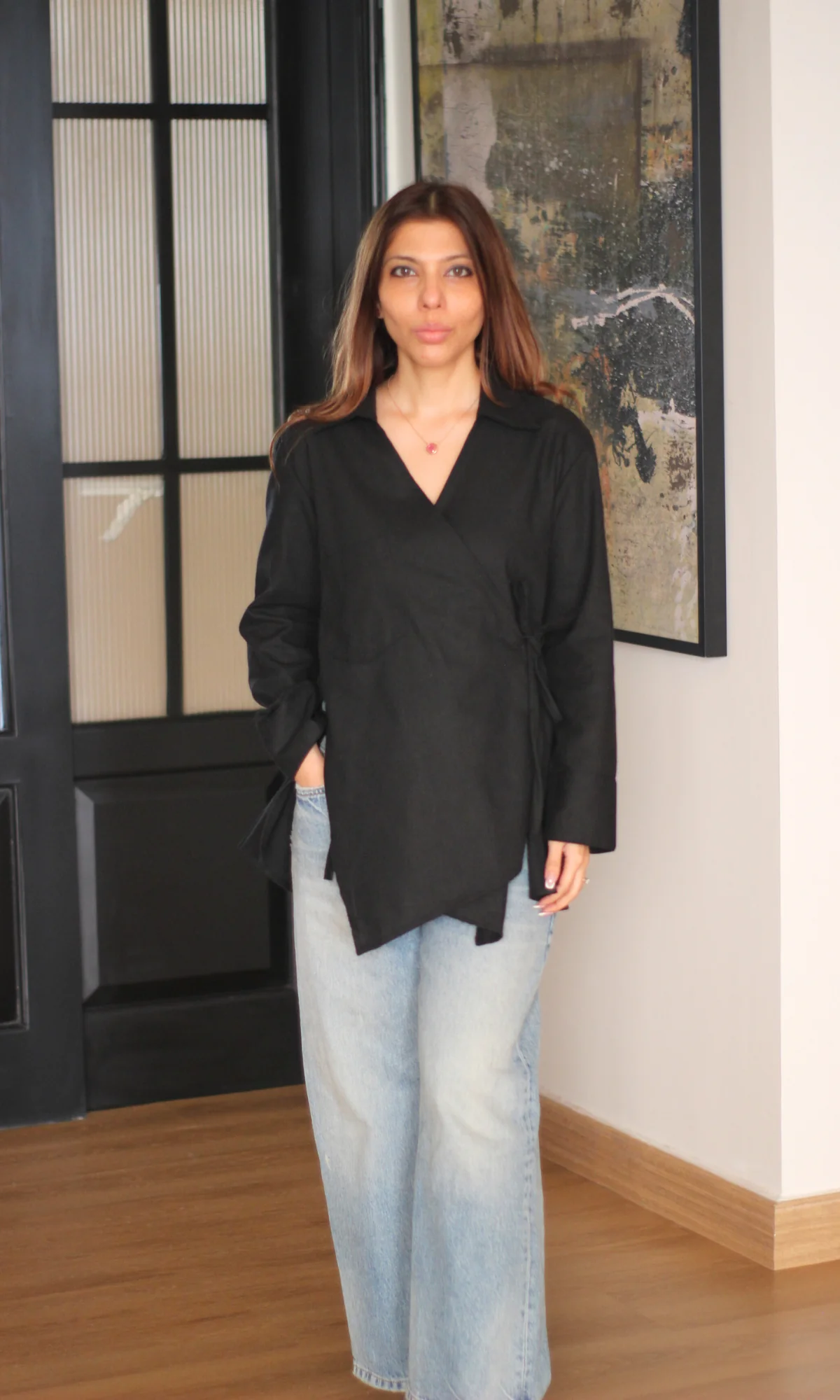 Black Linen Cuts Detail Kimono Top - Image 4