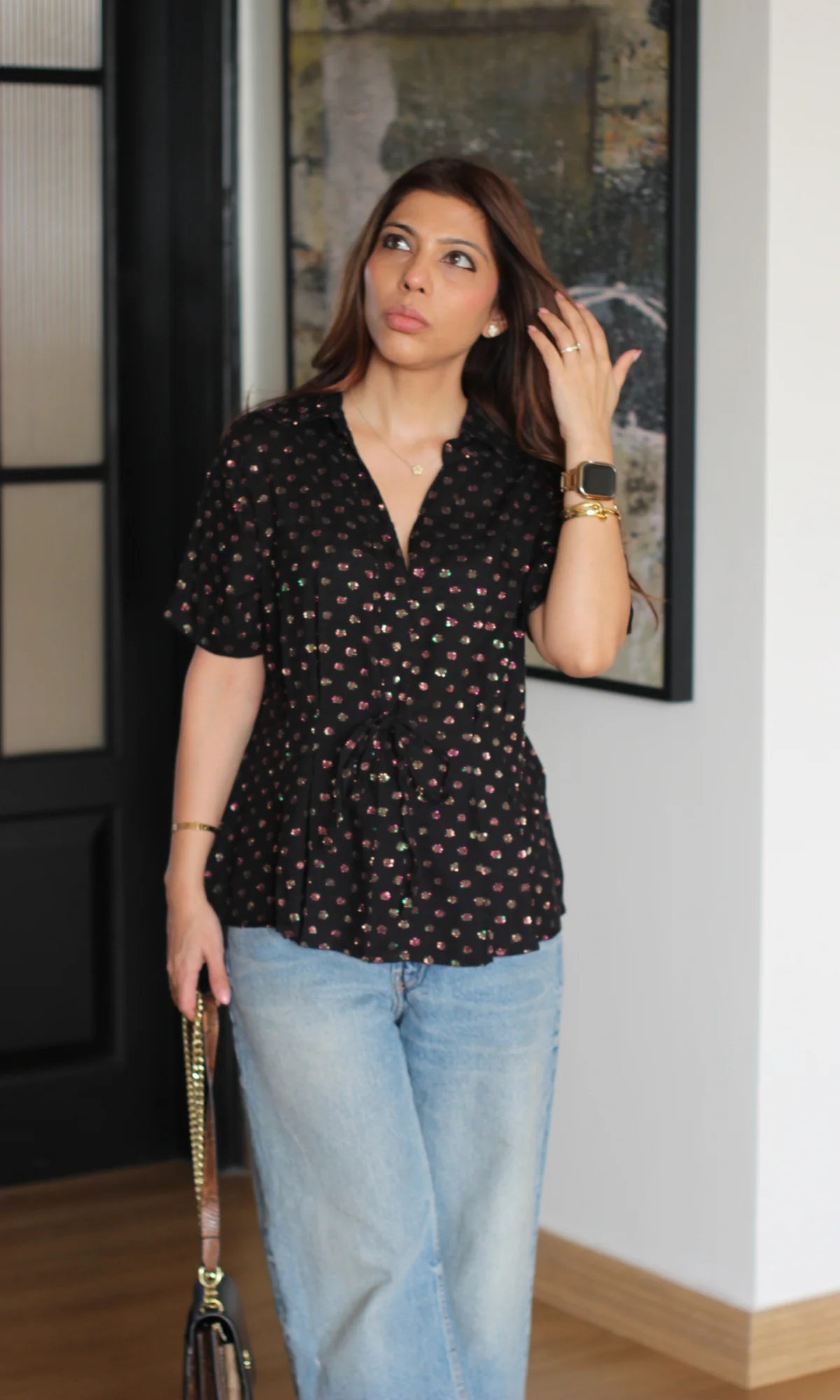 Black Lurex Tie Detail Top - Image 3