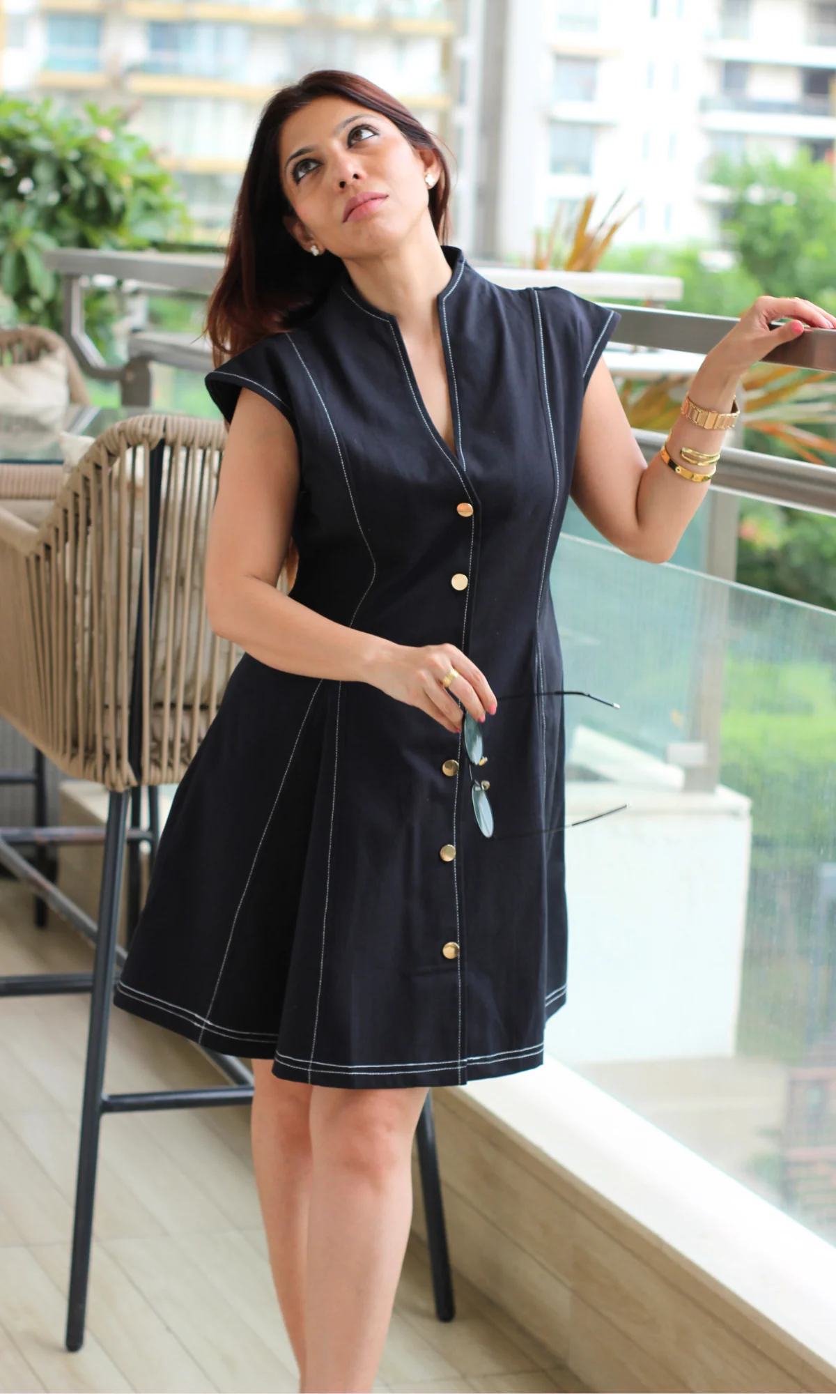 Black Thread Detail Metallic Buttoned Dress - Image 6