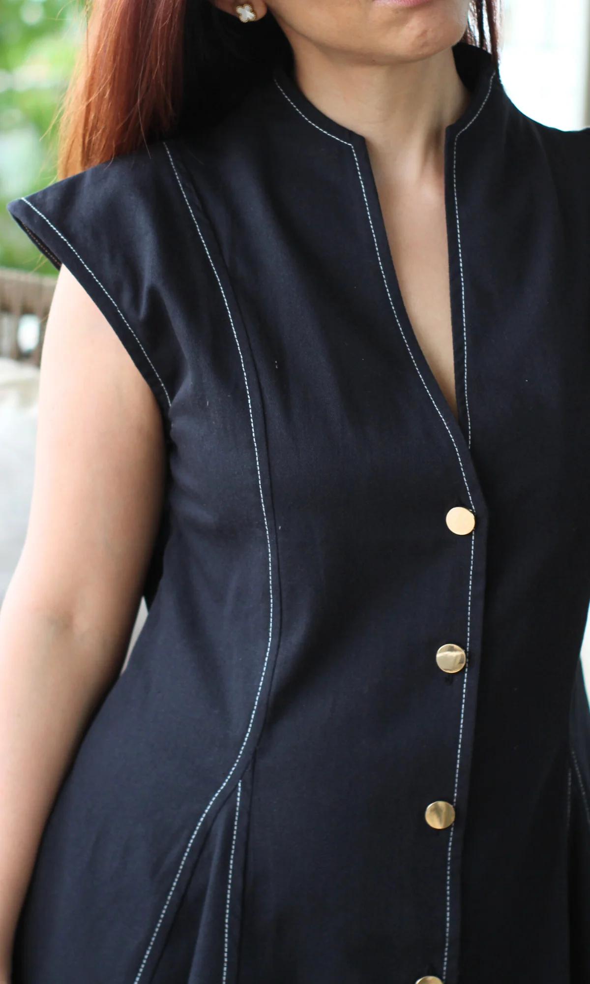 Black Thread Detail Metallic Buttoned Dress - Image 7