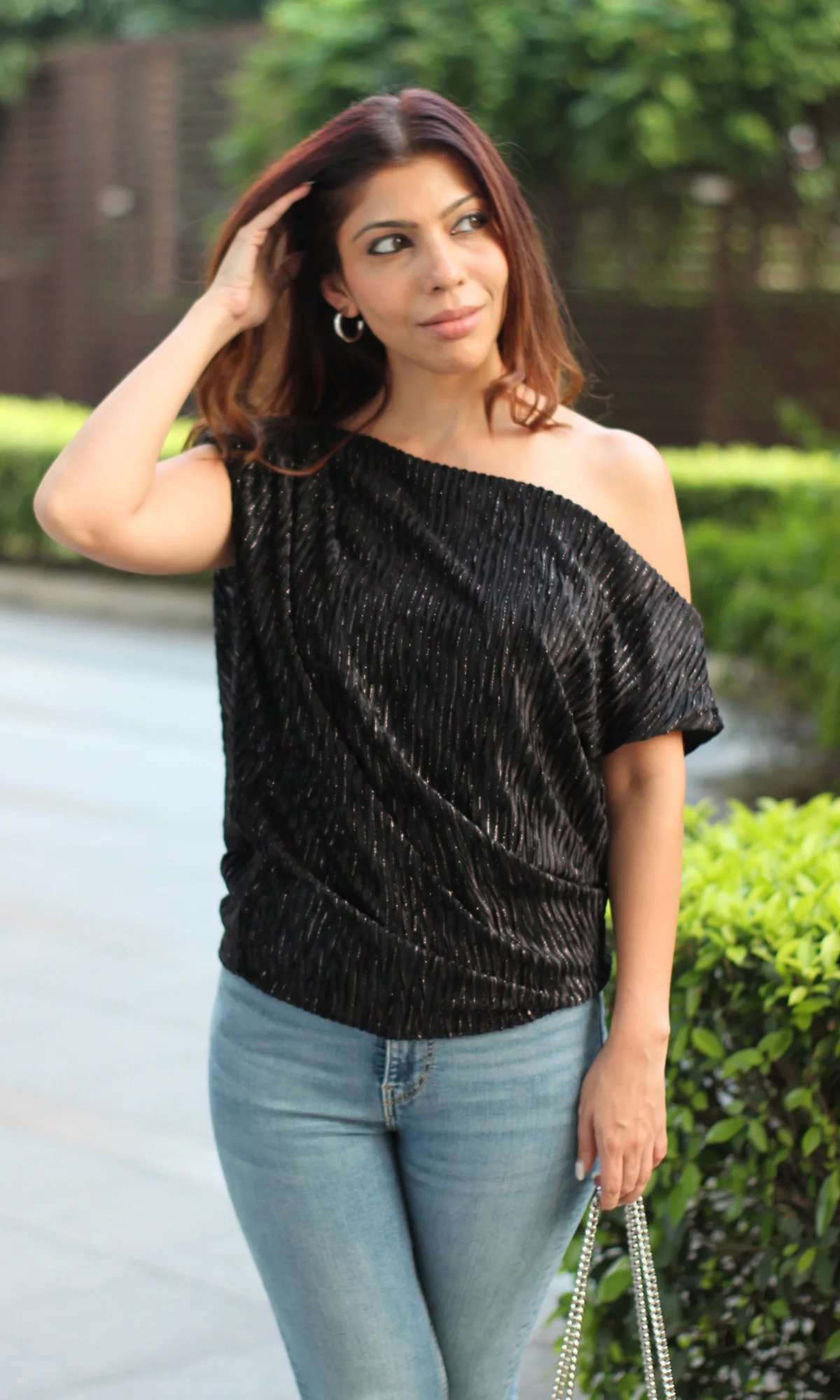 Black Pleated One-Shoulder Top - Image 3