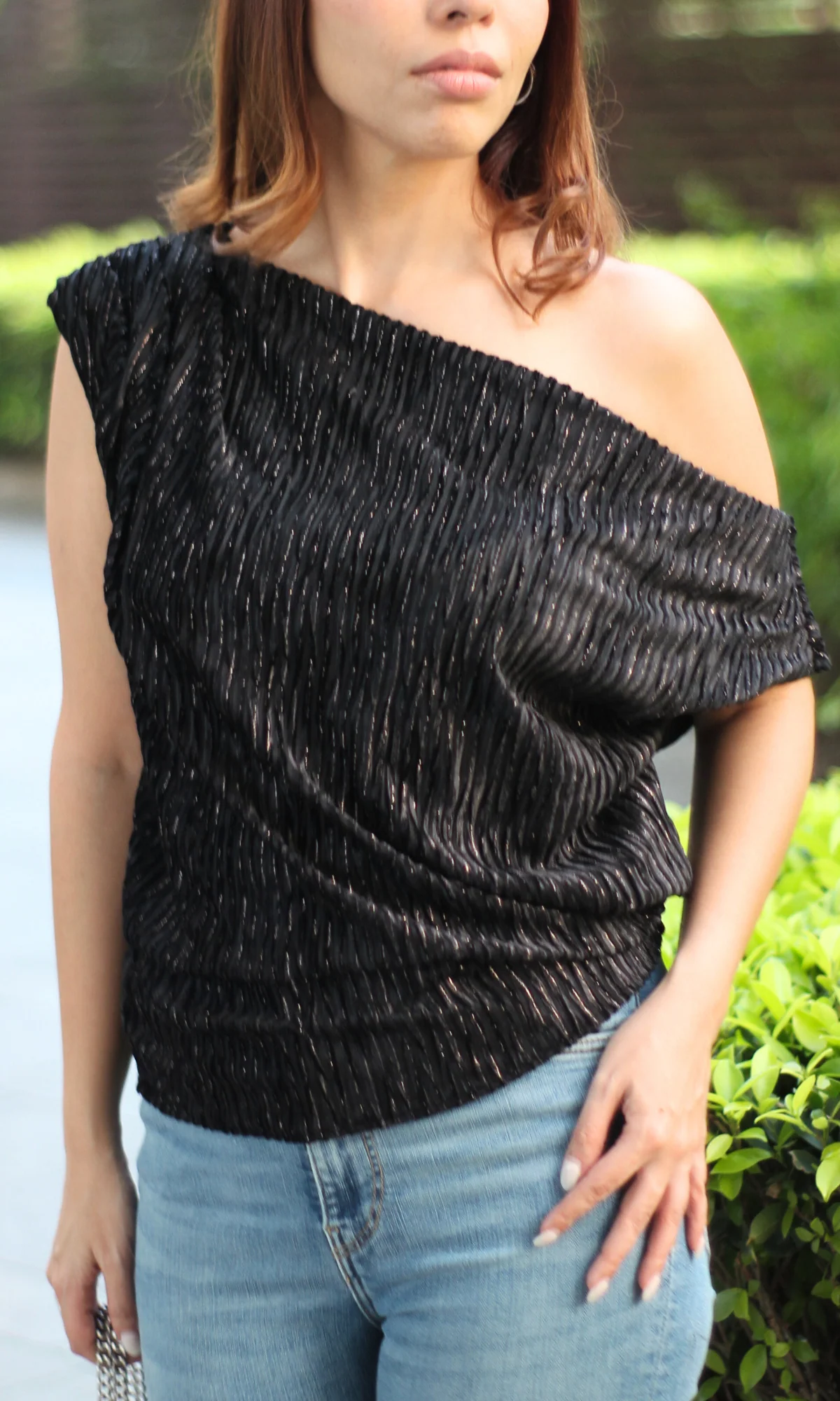 Black Pleated One-Shoulder Top - Image 4