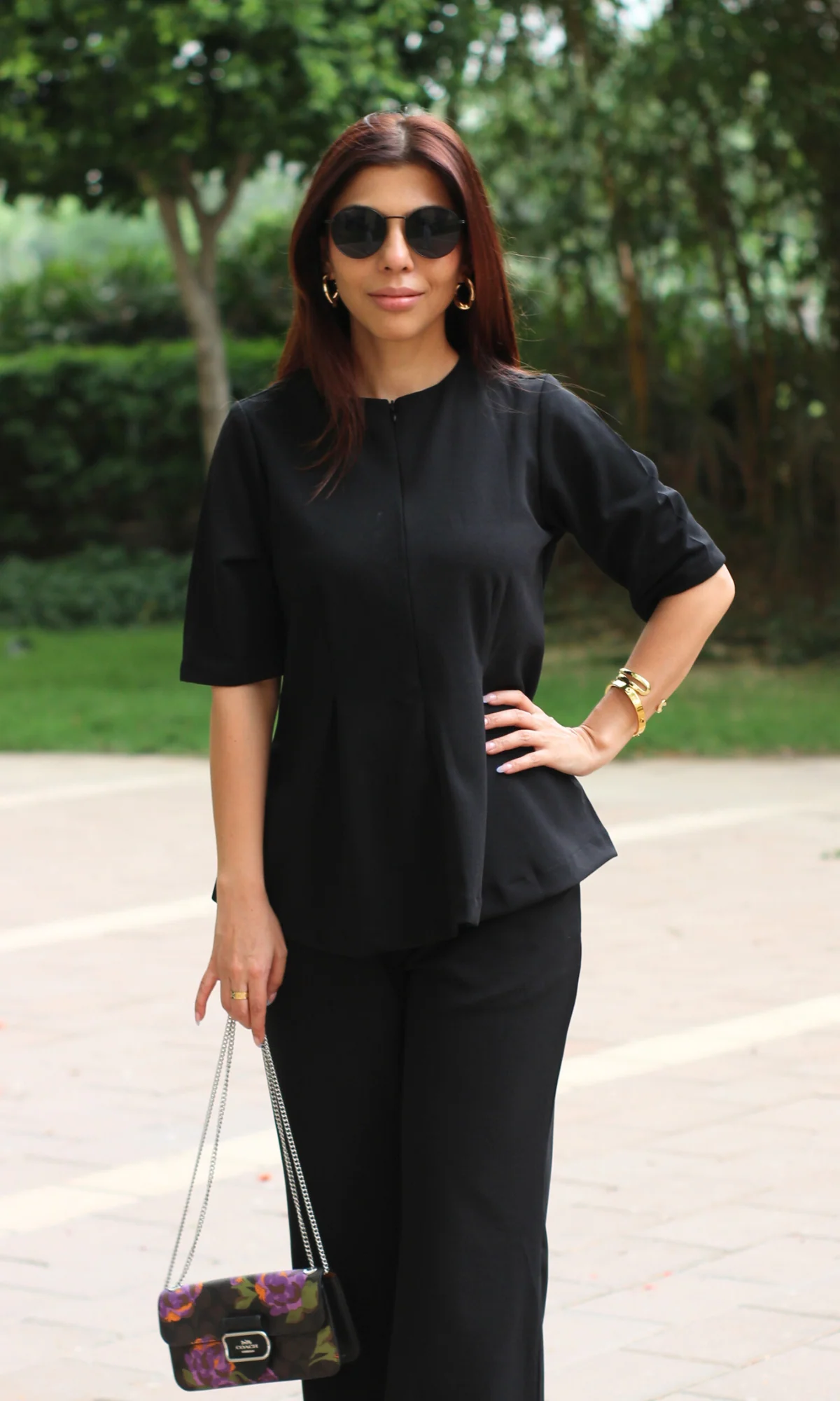 Black Sleeved Sleek-Pleat Detail and Flared Pants Co-ord - Image 3
