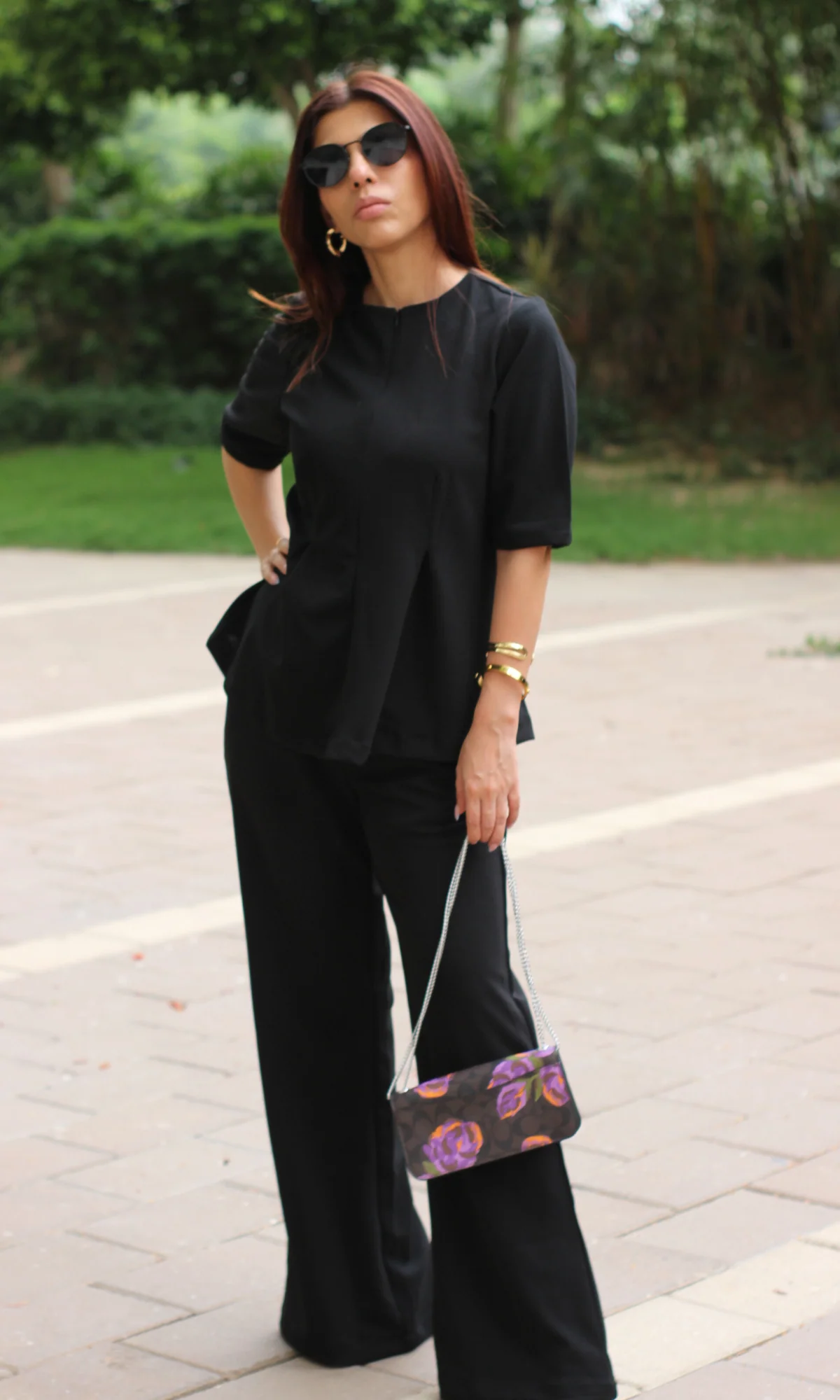 Black Sleeved Sleek-Pleat Detail and Flared Pants Co-ord - Image 4