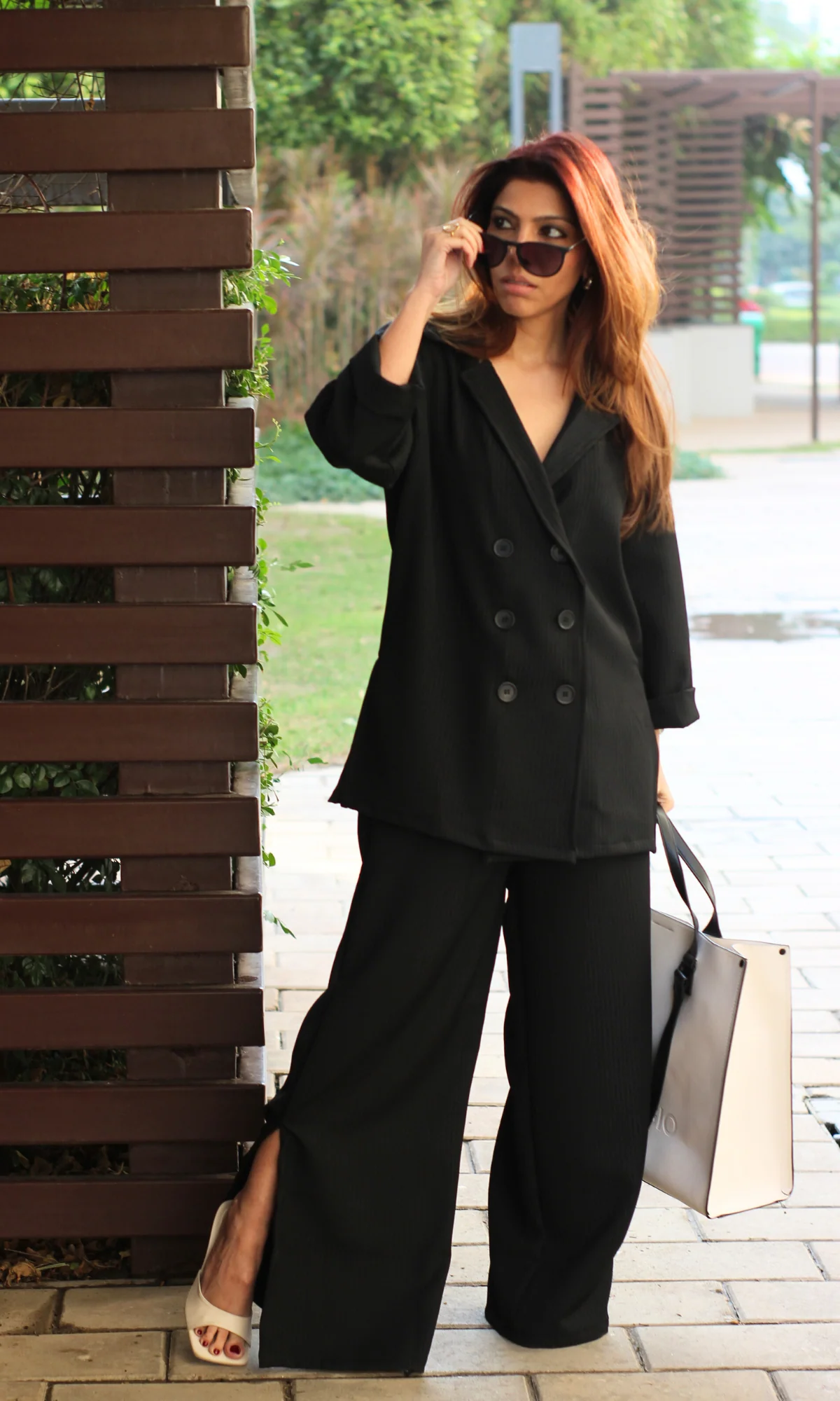 Black Striped Blazer Top with Slit Pants Co-ord - Image 4