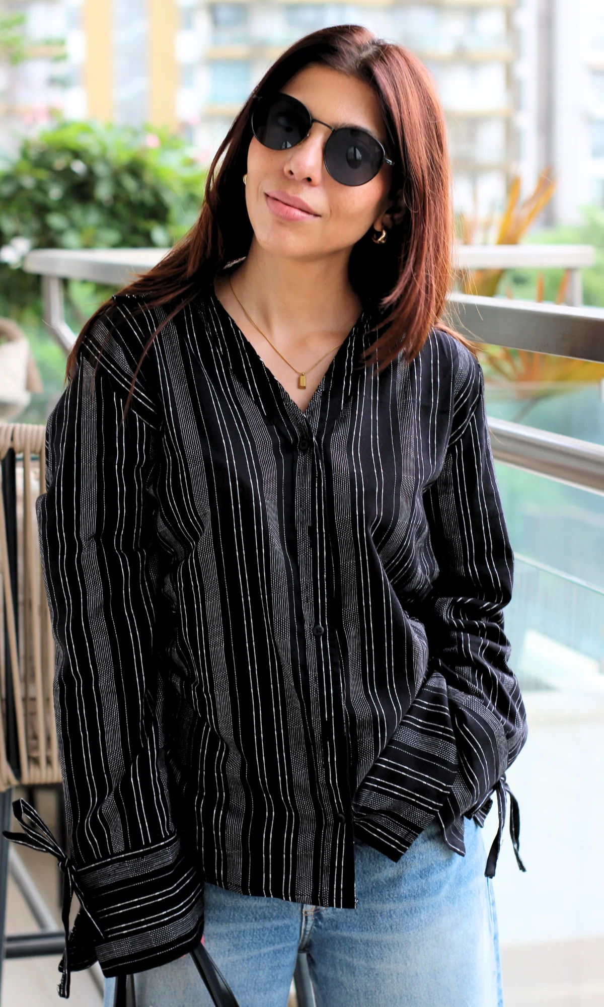 Black Striped String Detail Cotton Shirt - Image 3