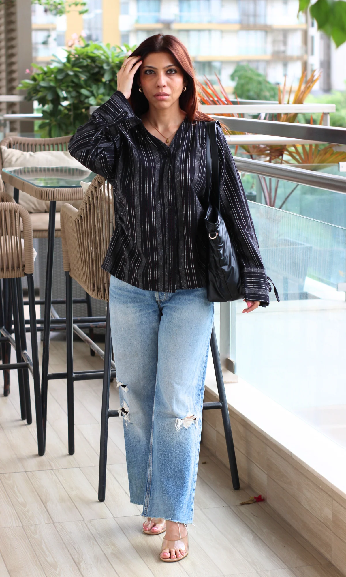 Black Striped String Detail Cotton Shirt - Image 4