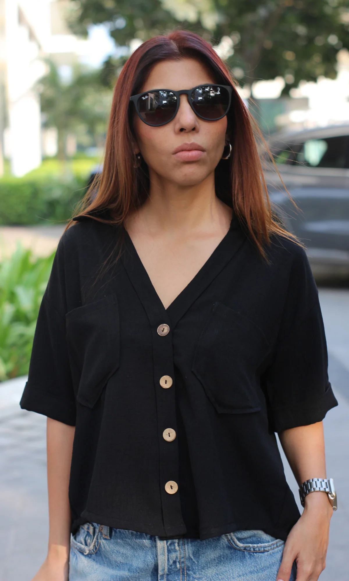 Black Textured Cropped Shirt - Image 5