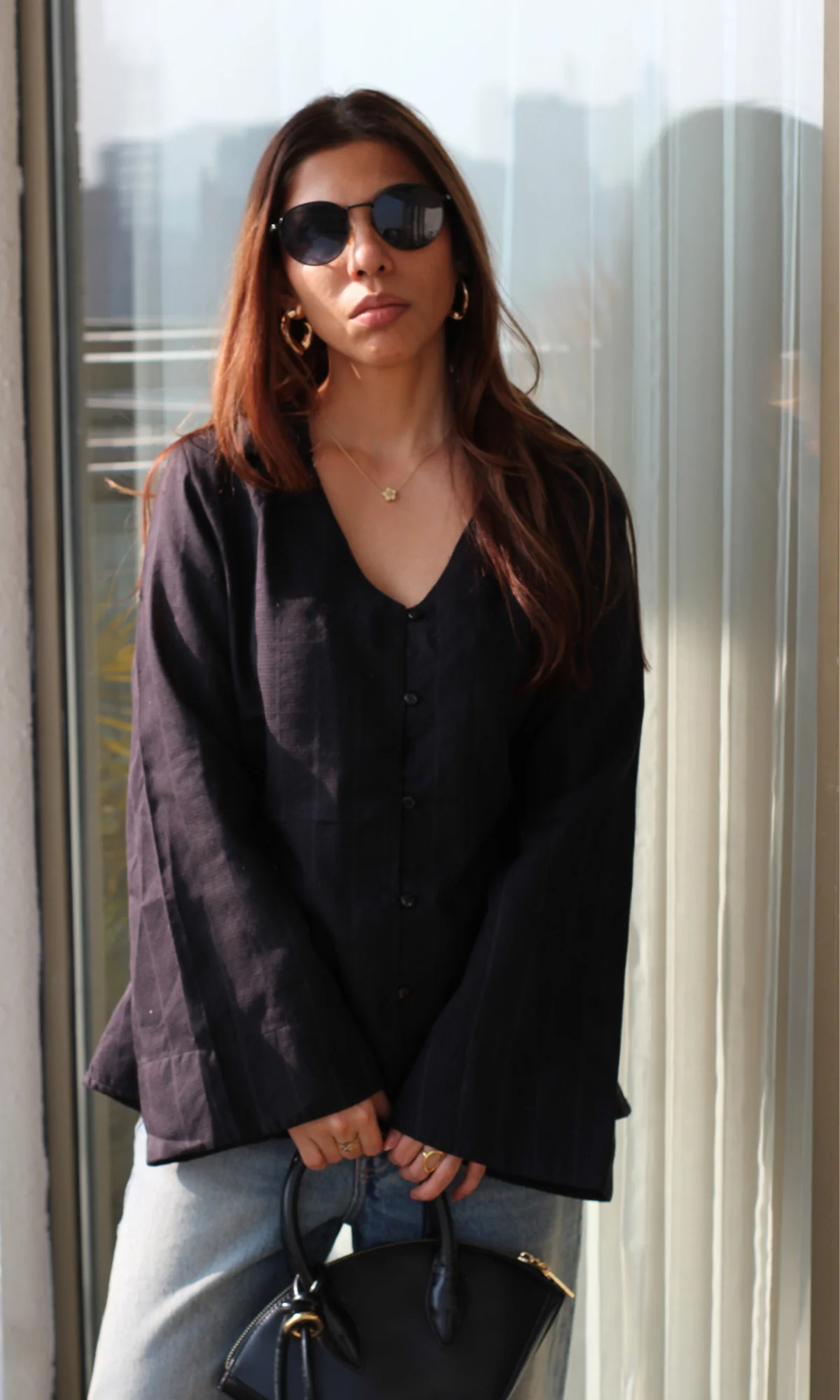 Black Textured Flared Sleeve Shirt - Image 2