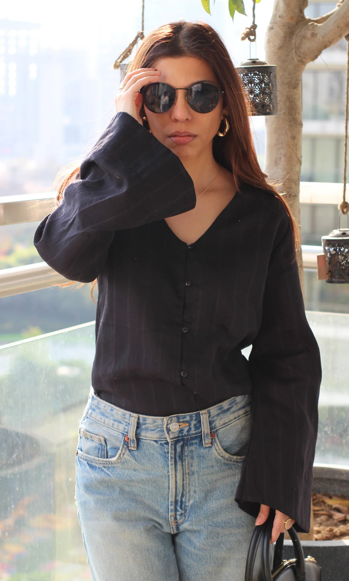 Black Textured Flared Sleeve Shirt - Image 4