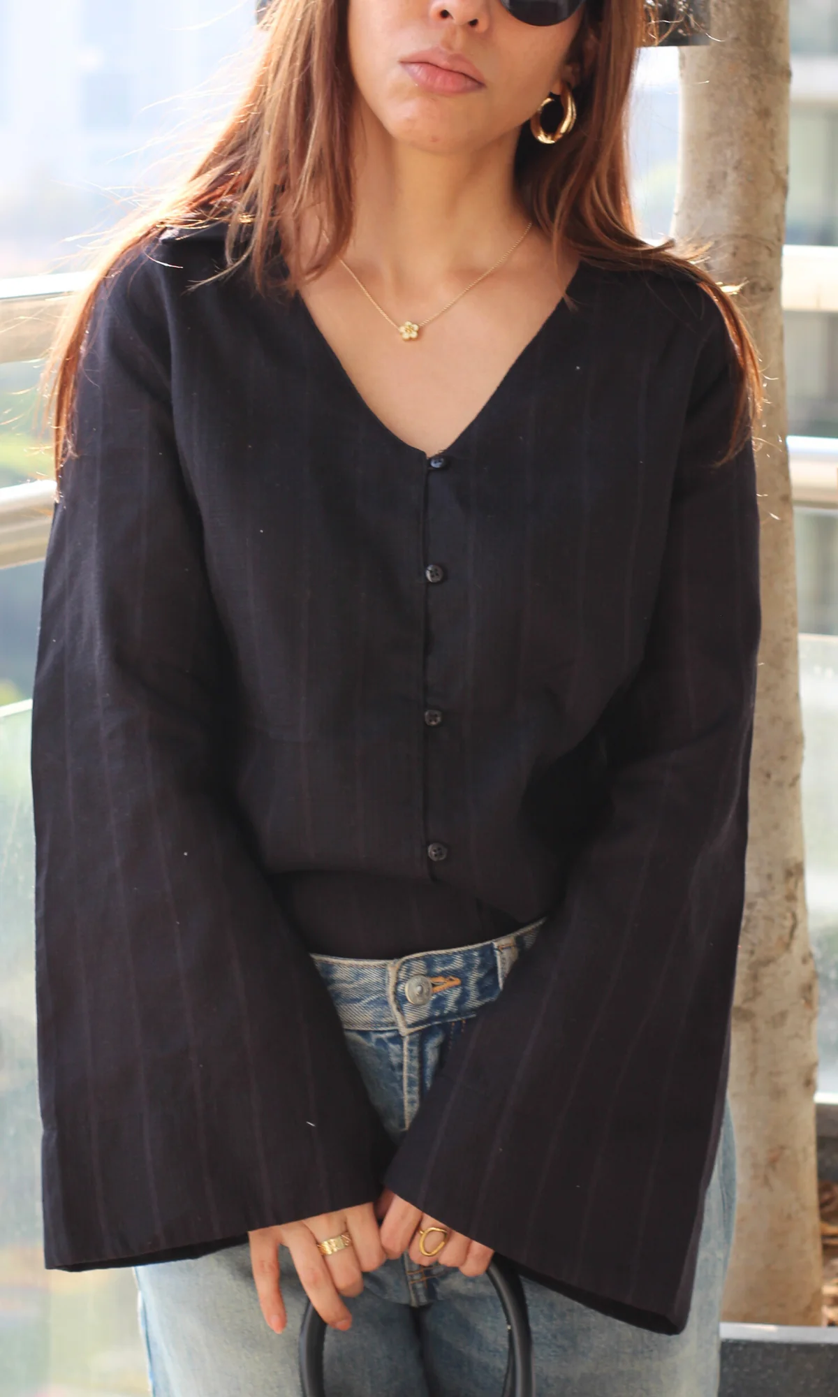 Black Textured Flared Sleeve Shirt - Image 5