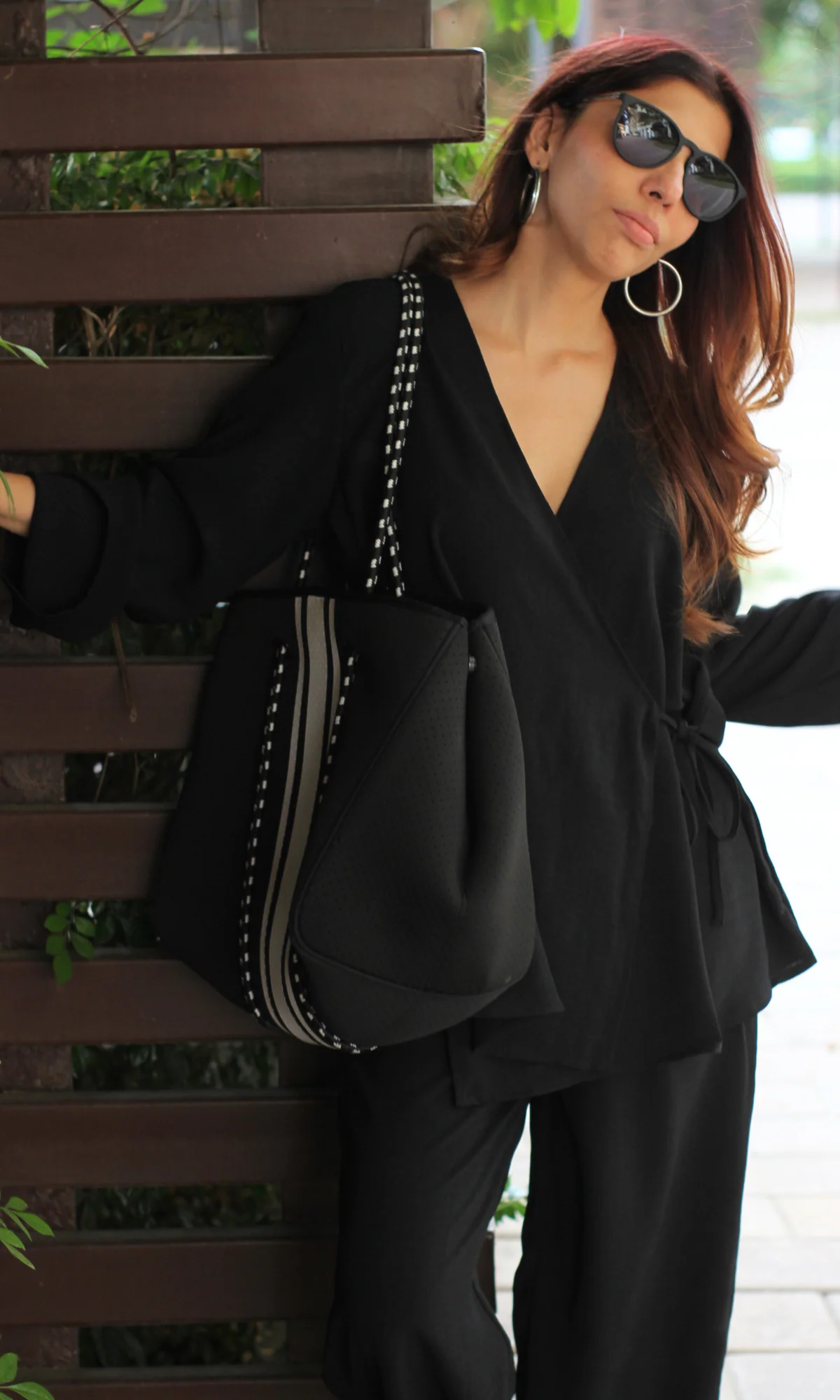Black Textured Tie Detail Kimono Top with Pants Co-ord - Image 4