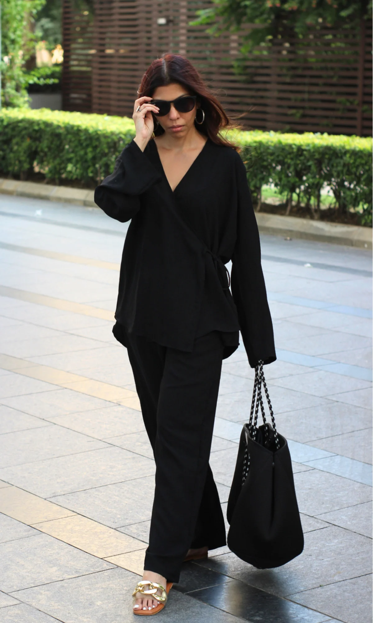 Black Textured Tie Detail Kimono Top with Pants Co-ord - Image 5