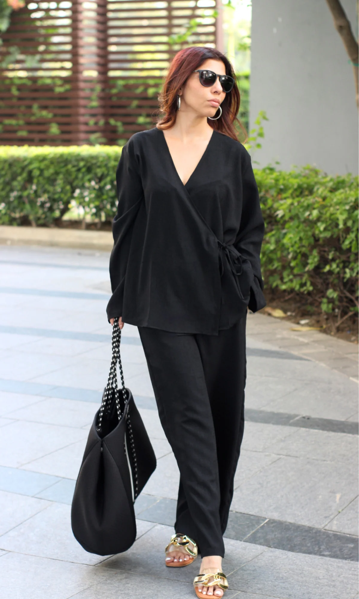 Black Textured Tie Detail Kimono Top with Pants Co-ord - Image 6