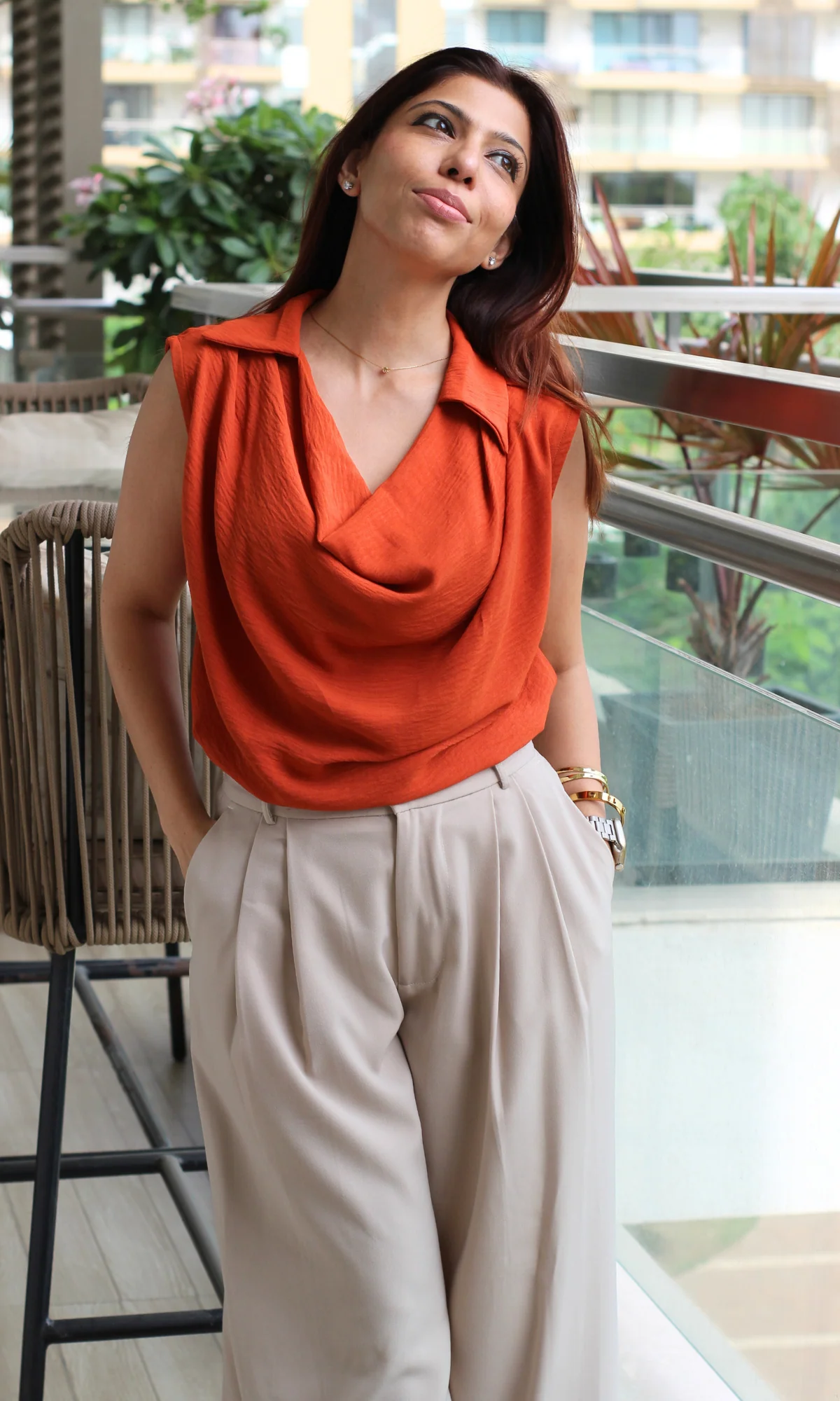 Blaze Orange Collared Cowl Neck Top - Image 3