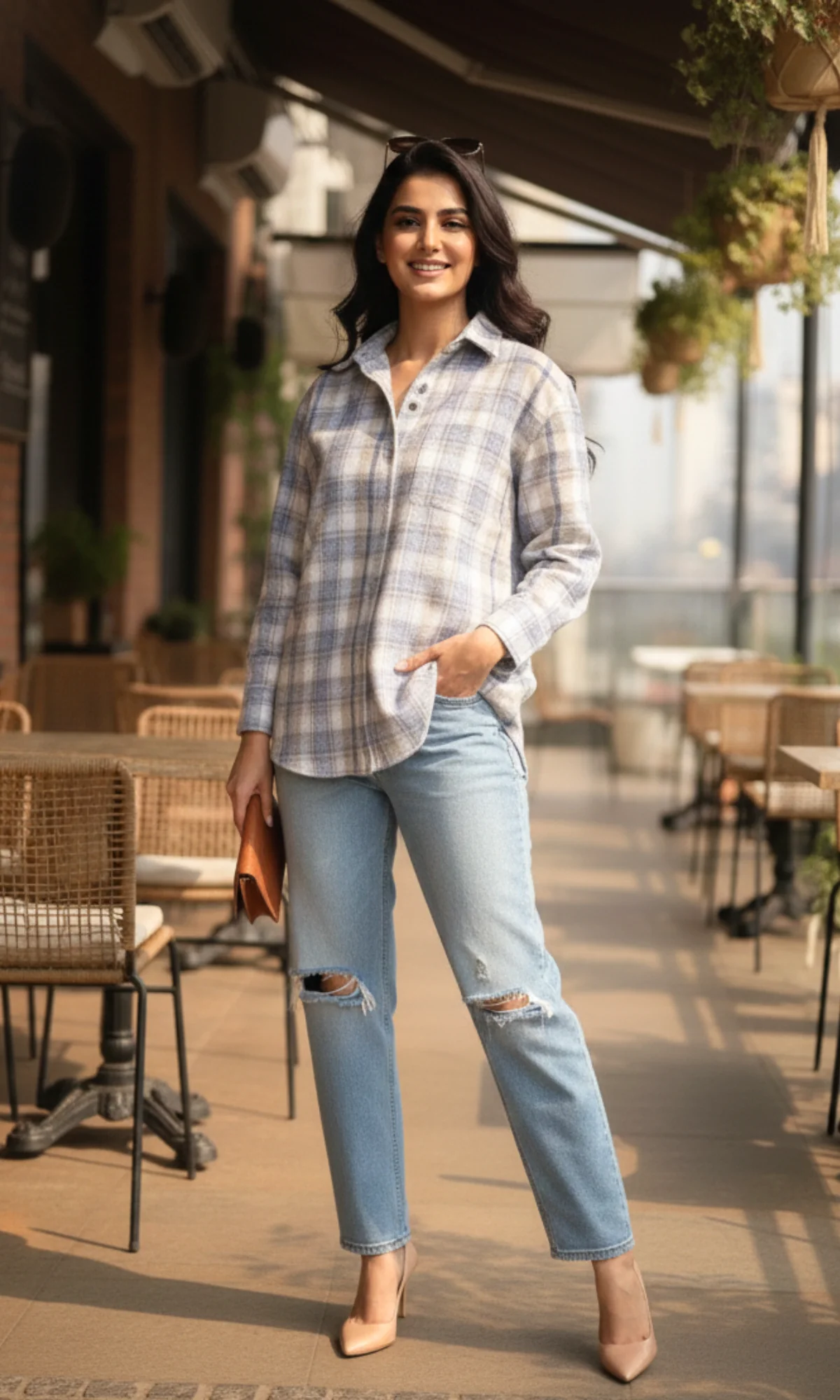 Blue Beige Checked Shirt - Image 4