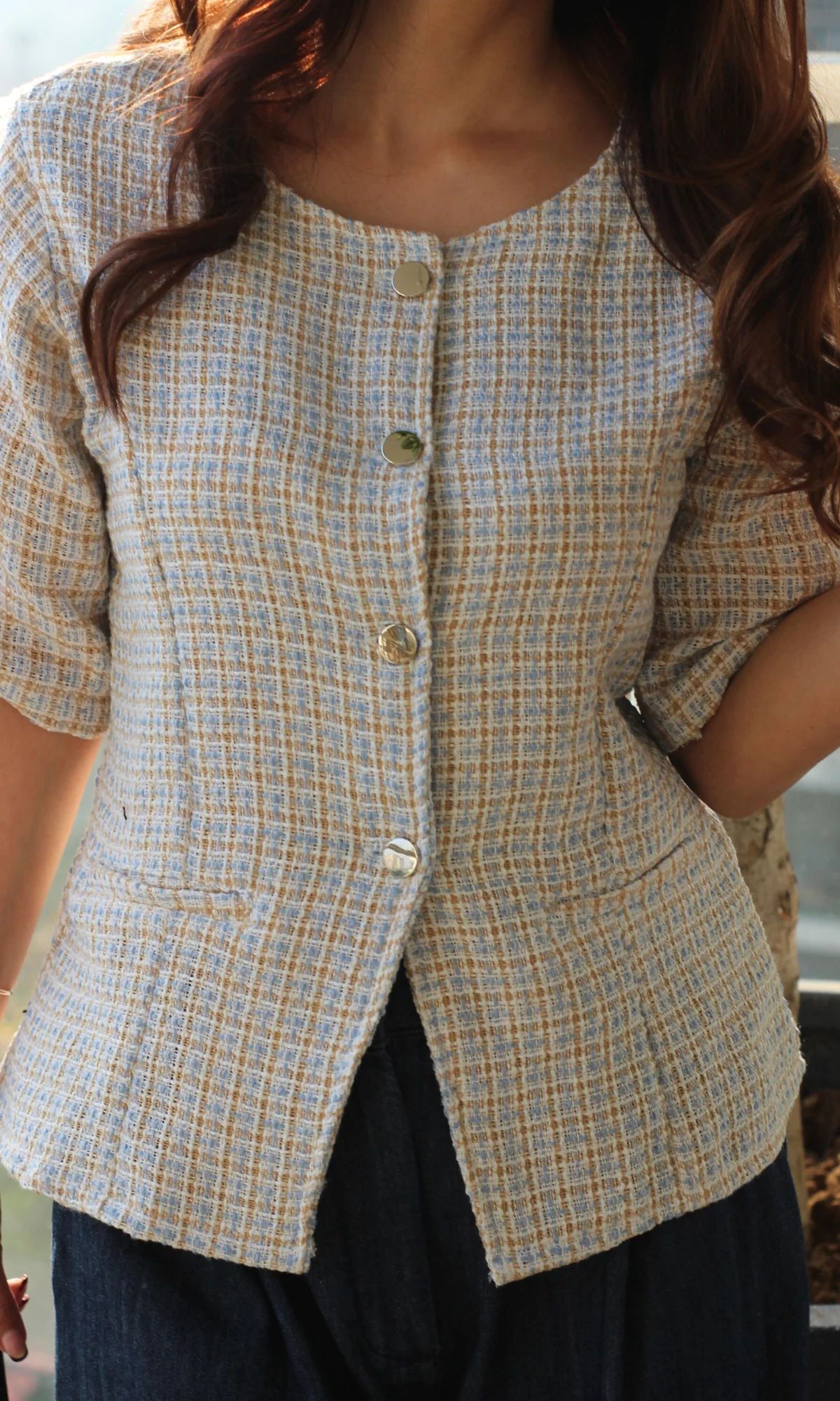 Blue-Beige Tweed Round Neck Waist Coat - Image 5